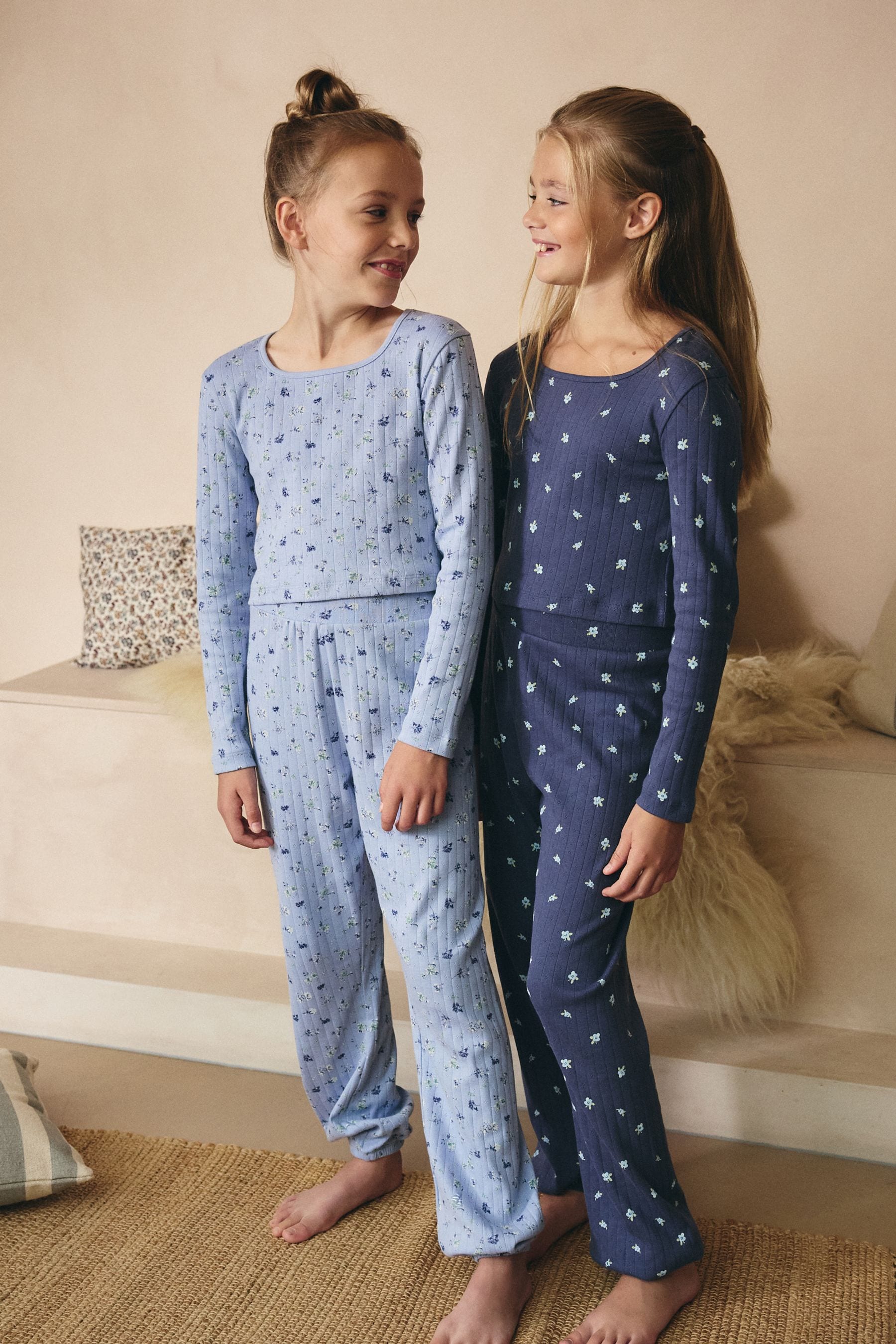 Blue Ditsy Print Pointelle Rib 100% Cotton Pyjamas 2 Pack (3-16yrs)