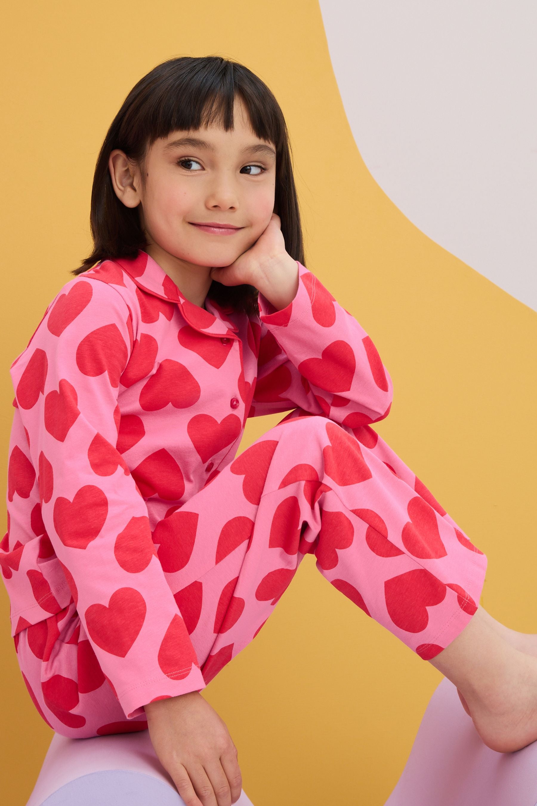 Red/Pink Heart Jersey Button Through Pyjamas (3-16yrs)