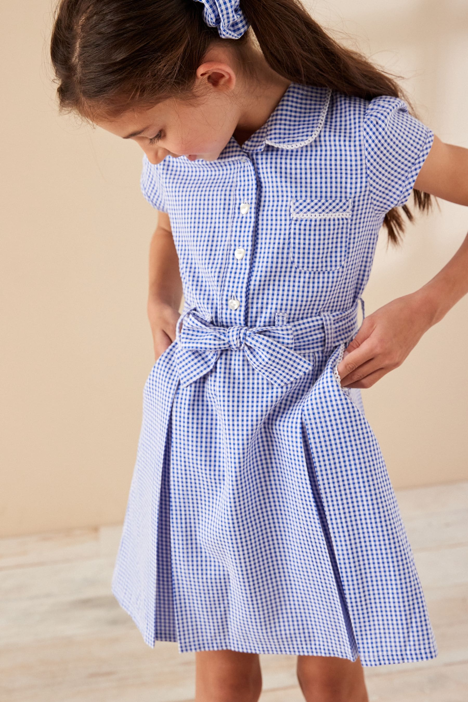 Mid Blue Gingham 100% Cotton Rich Belted School Dress With Scrunchie (3-14yrs)