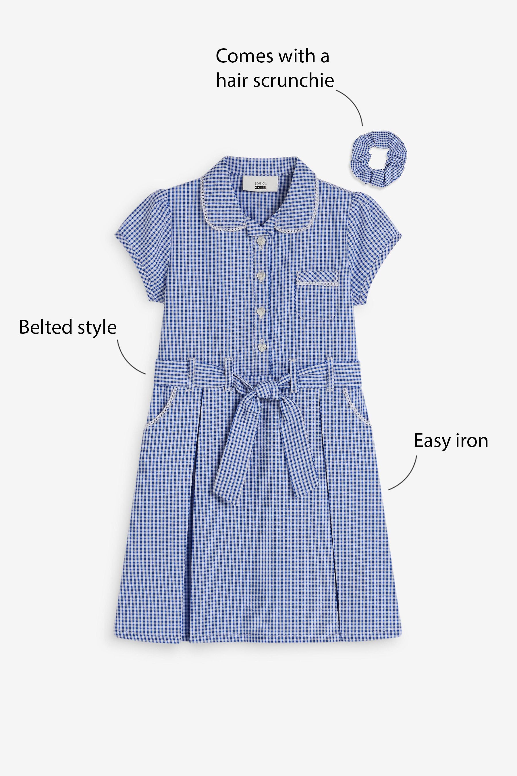 Mid Blue Gingham 100% Cotton Rich Belted School Dress With Scrunchie (3-14yrs)