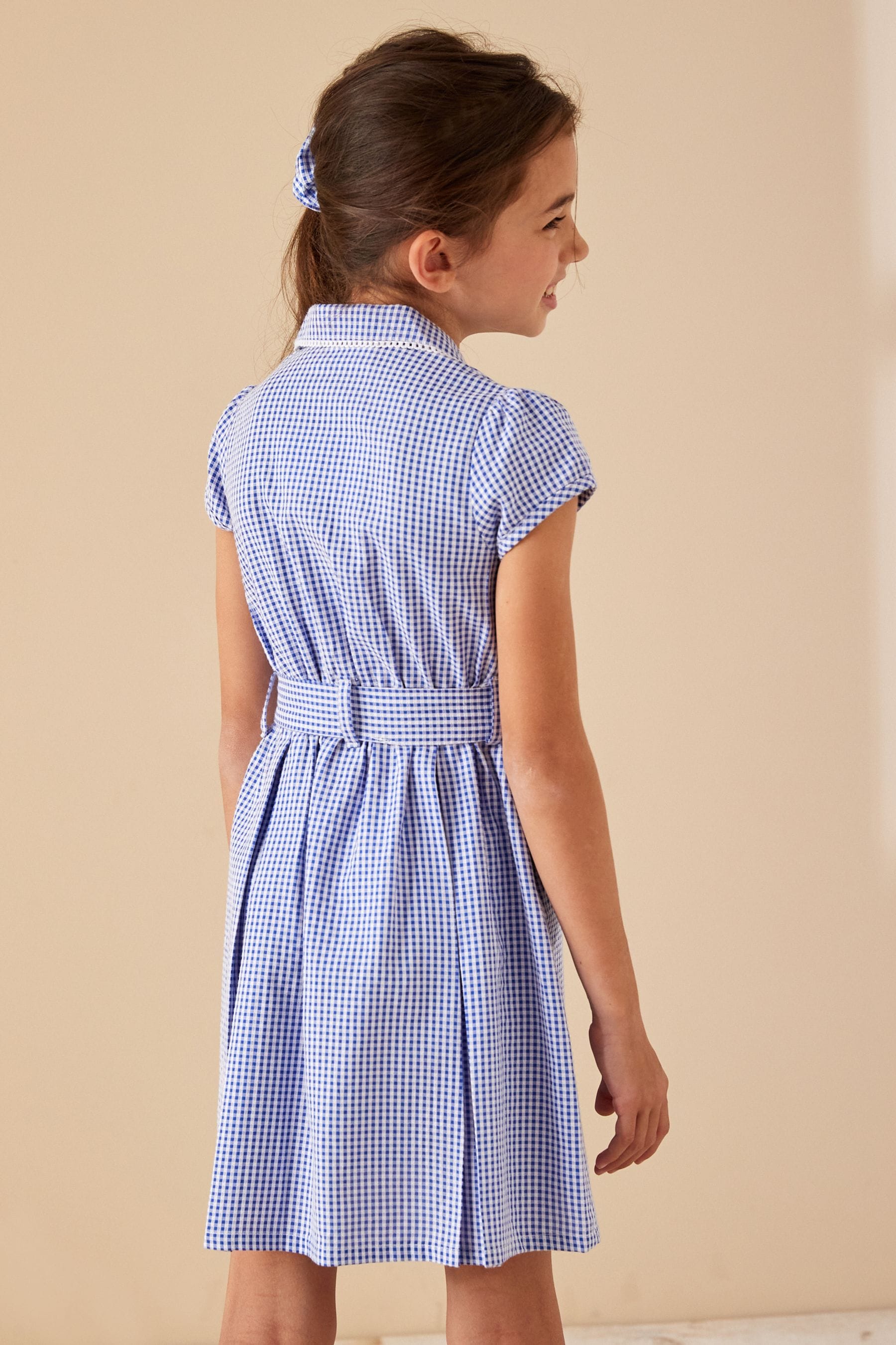 Mid Blue Gingham 100% Cotton Rich Belted School Dress With Scrunchie (3-14yrs)