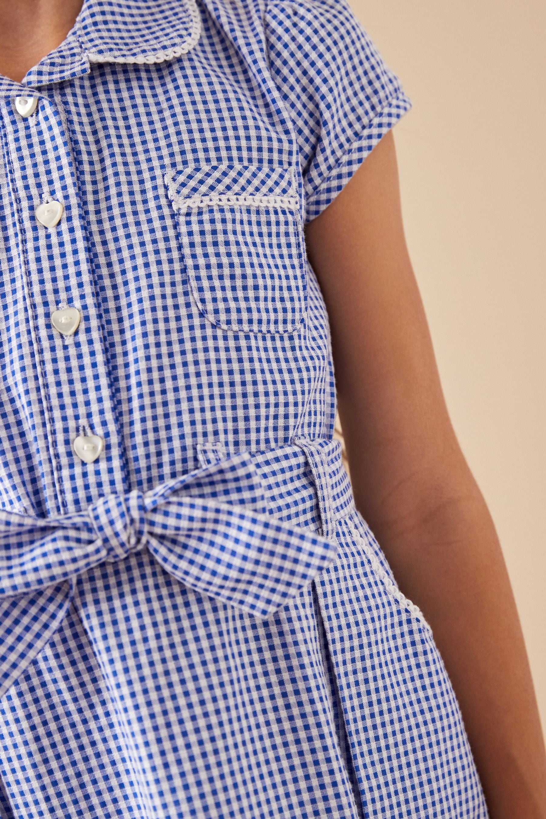 Mid Blue Gingham 100% Cotton Rich Belted School Dress With Scrunchie (3-14yrs)