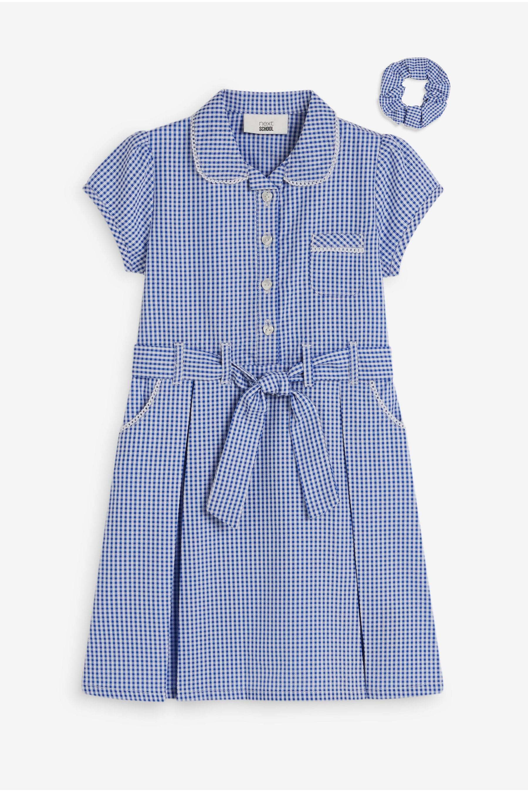 Mid Blue Gingham 100% Cotton Rich Belted School Dress With Scrunchie (3-14yrs)