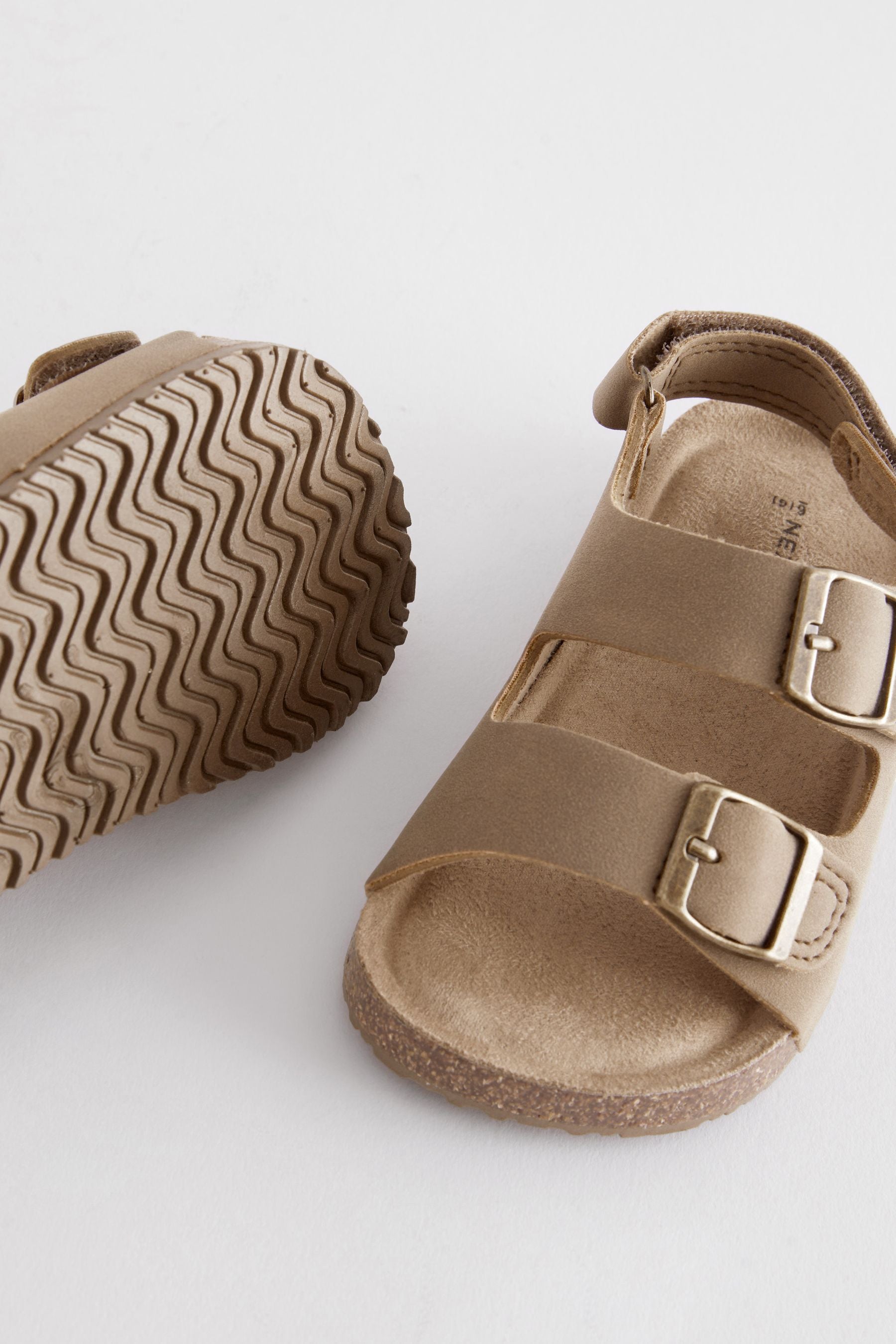 Stone Beige Wide Fit (G) Double Buckle Cushioned Footbed Sandals