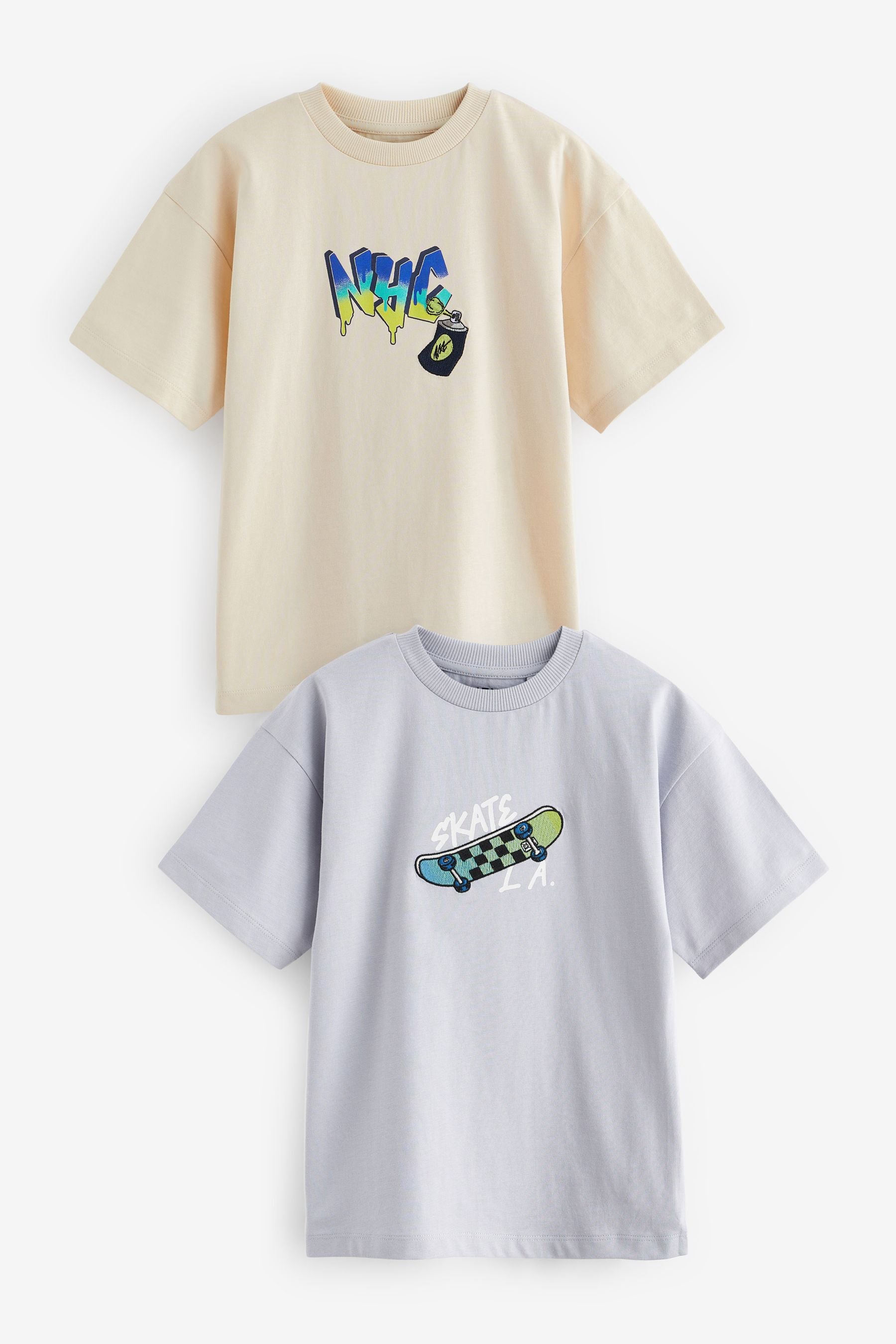 Cream/Blue Embroidery Skate Graphic Short Sleeve T-Shirts 2 Pack (3-16yrs)