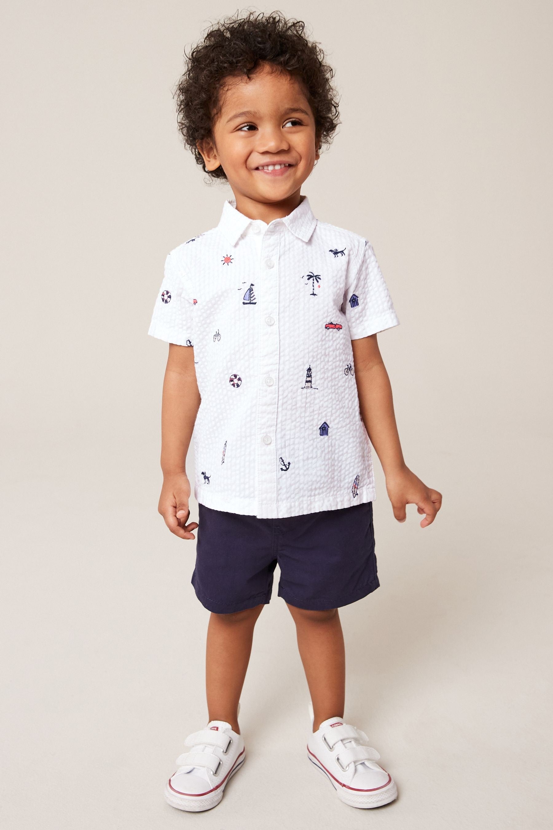 White 100% Cotton Short Sleeve All-Over Print Embroidered Shirt (3mths-7yrs)