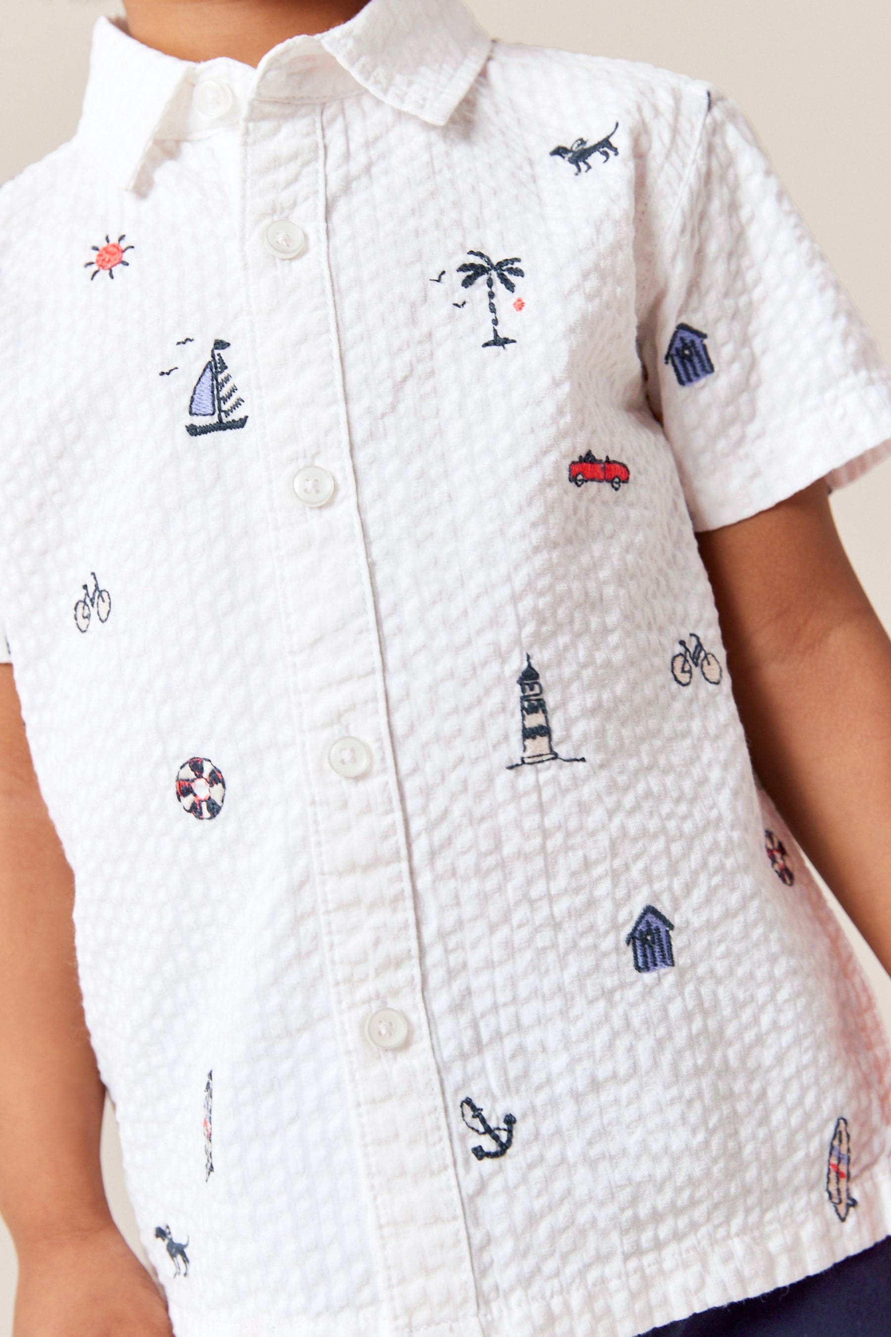 White 100% Cotton Short Sleeve All-Over Print Embroidered Shirt (3mths-7yrs)