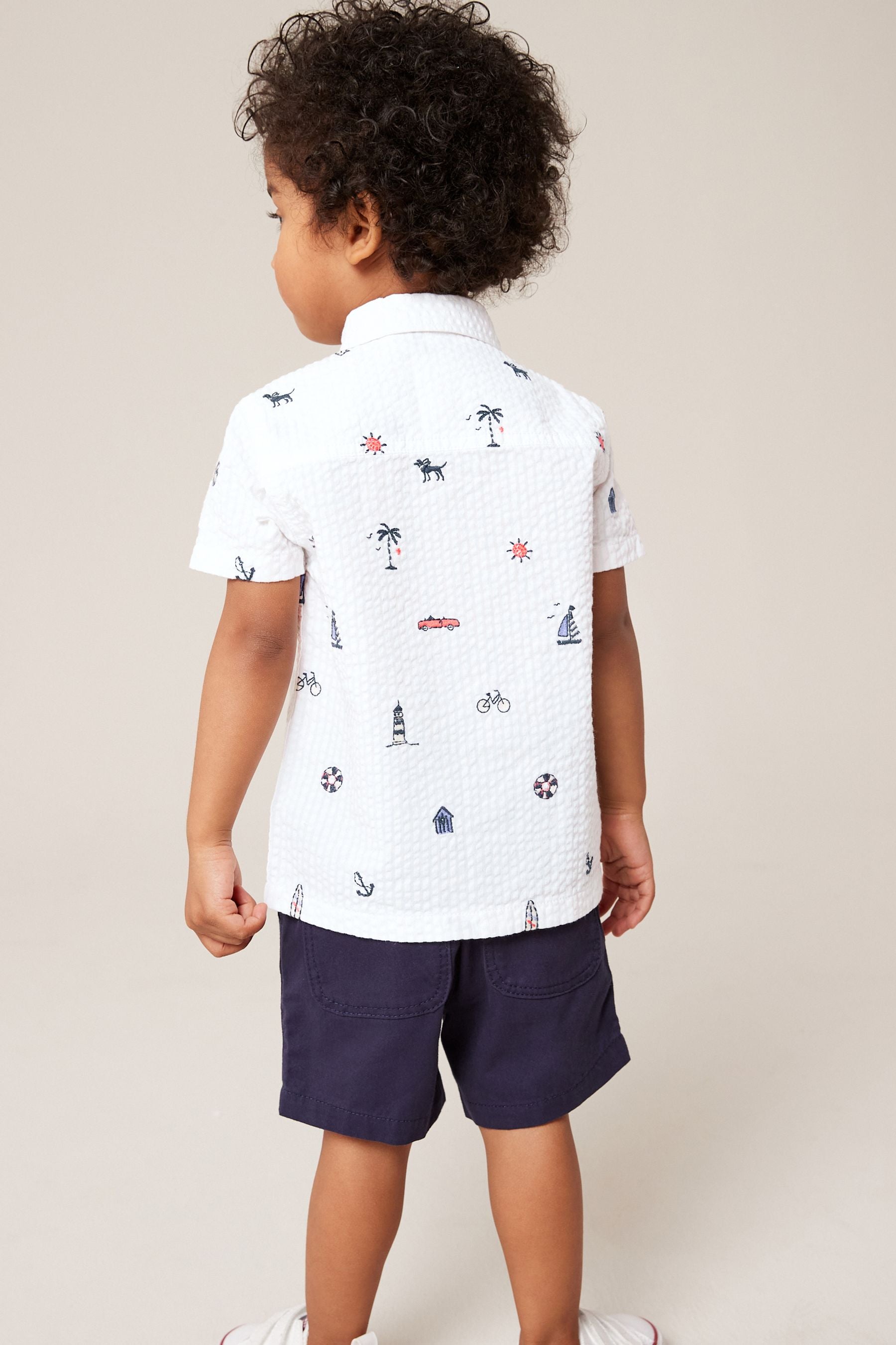 White 100% Cotton Short Sleeve All-Over Print Embroidered Shirt (3mths-7yrs)