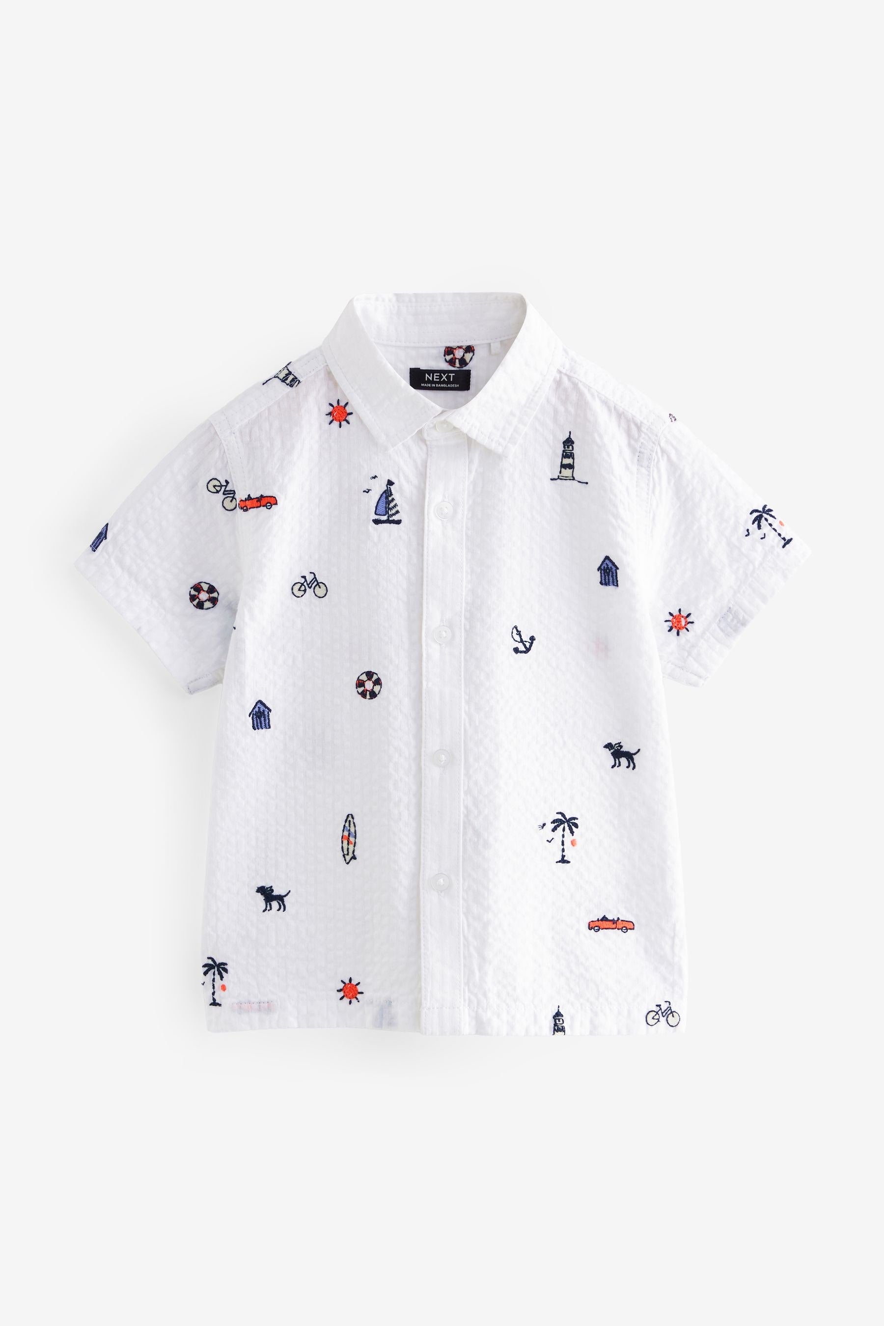 White 100% Cotton Short Sleeve All-Over Print Embroidered Shirt (3mths-7yrs)