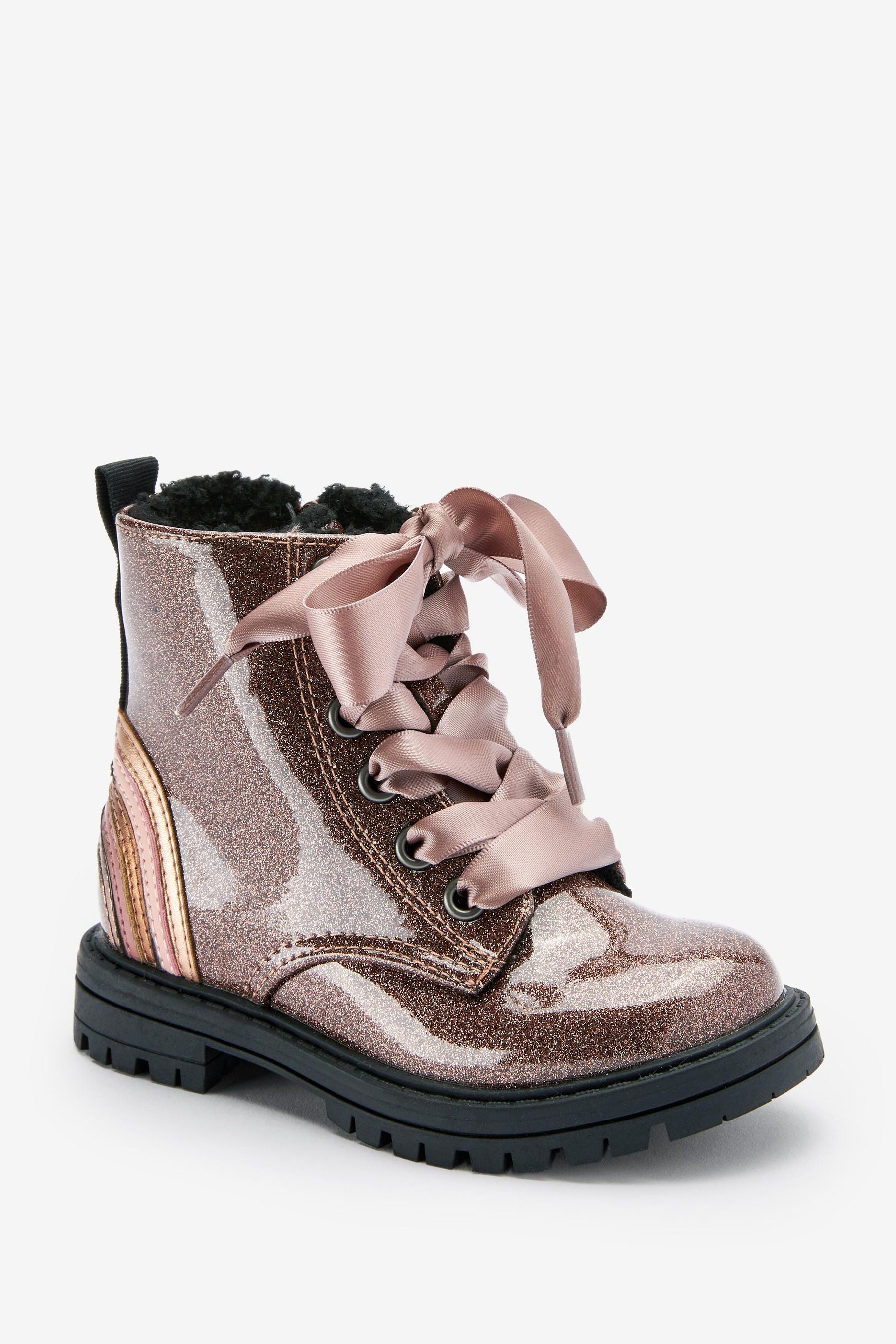 Rose Gold Pink Standard Fit (F) Warm Lined Lace-Up Boots