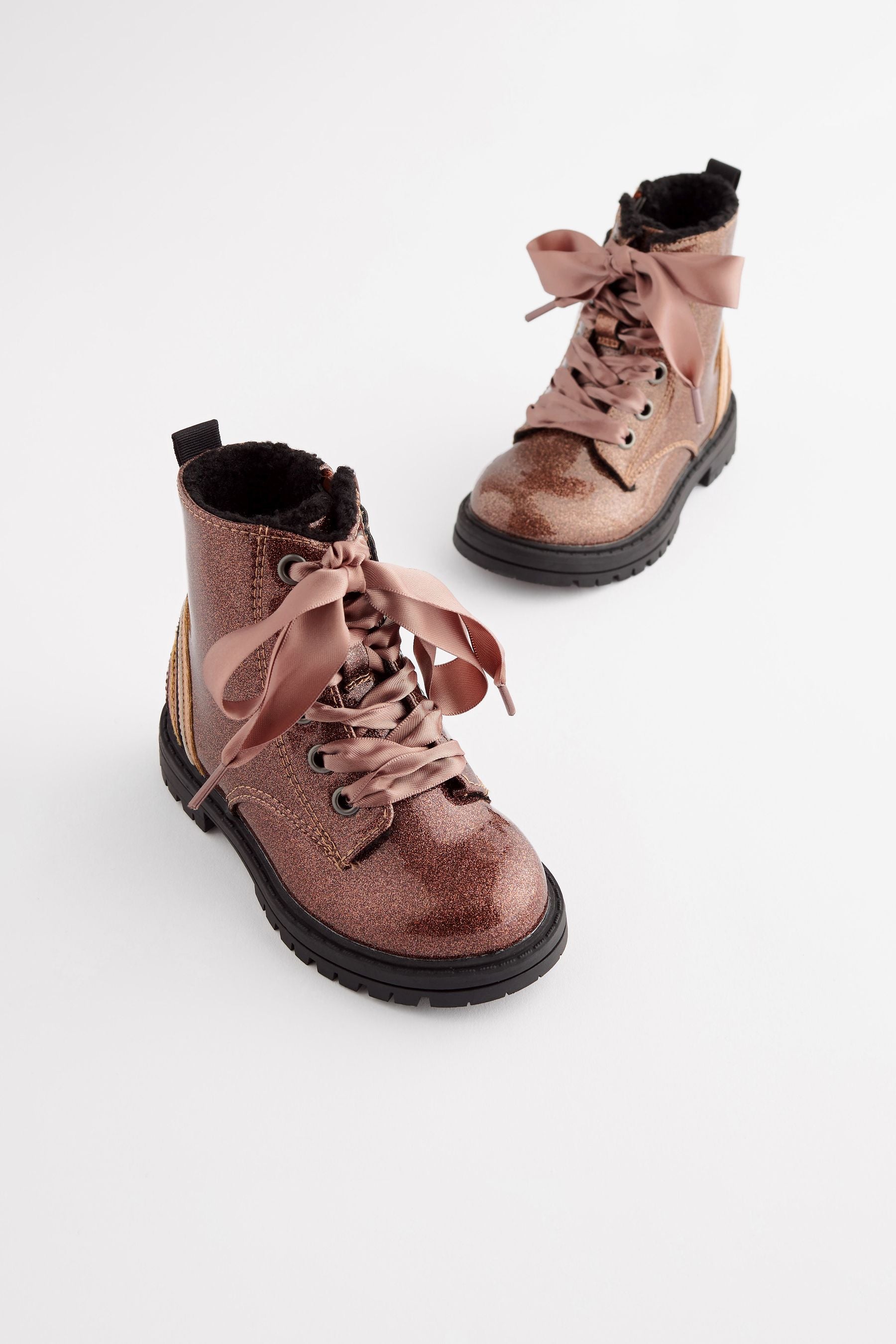 Rose Gold Pink Standard Fit (F) Warm Lined Lace-Up Boots