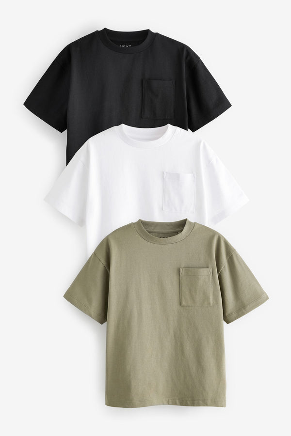 Khaki Green/Black Pocket Detail Relaxed Fit 100% Cotton T-Shirt 3 Pack (3-16yrs)