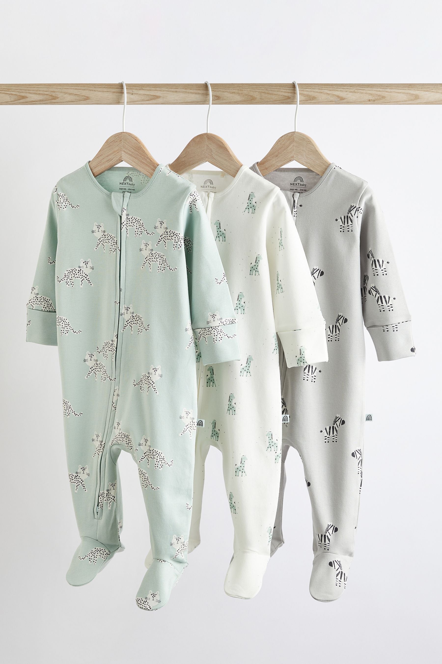 Green/Grey Baby Two Way Zip 100% Cotton Sleepsuits 3 Pack (0-2yrs)