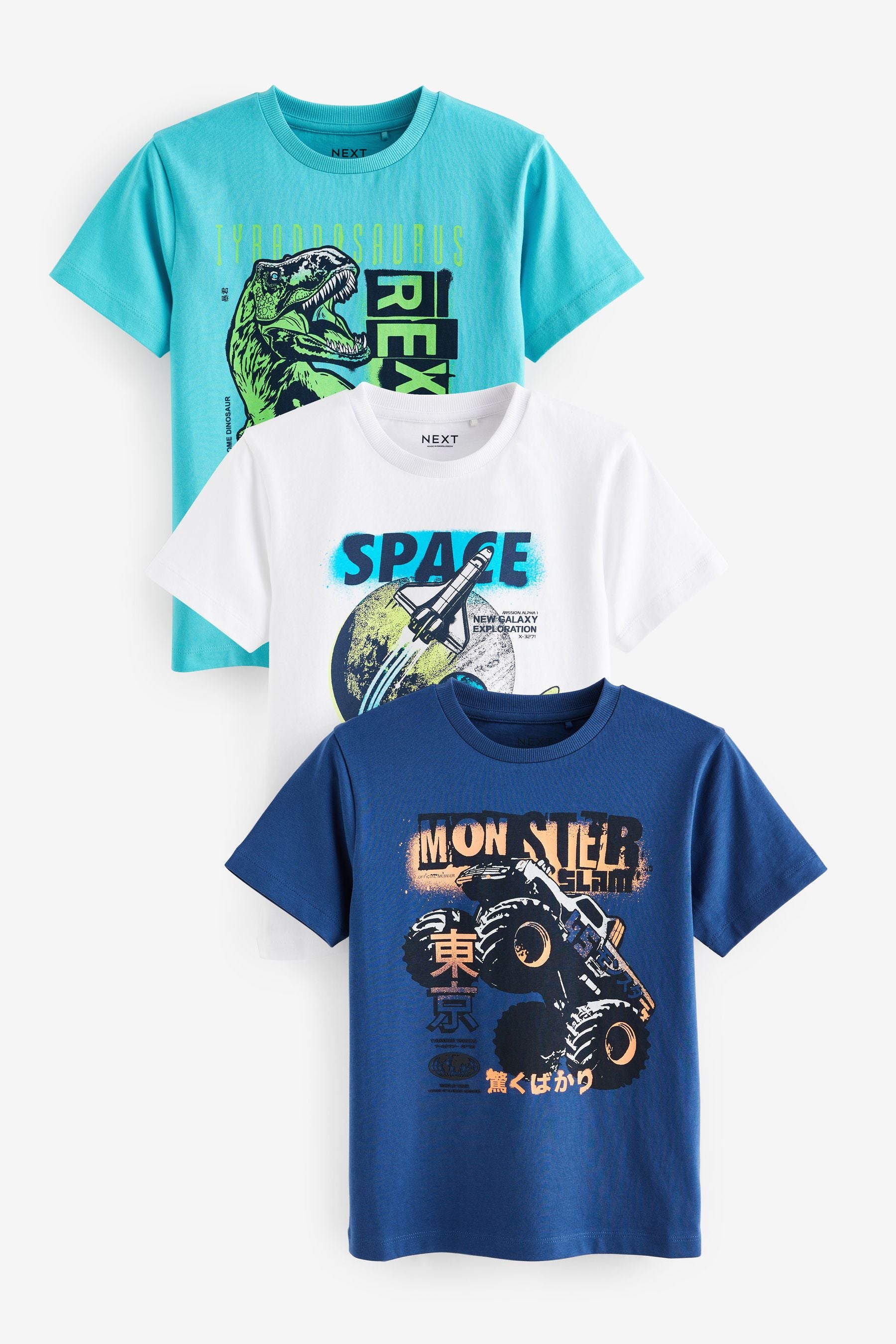 Blue/White/Turquoise Graphic Regular Fit Short Sleeve T-Shirts 3 Pack (3-16yrs)