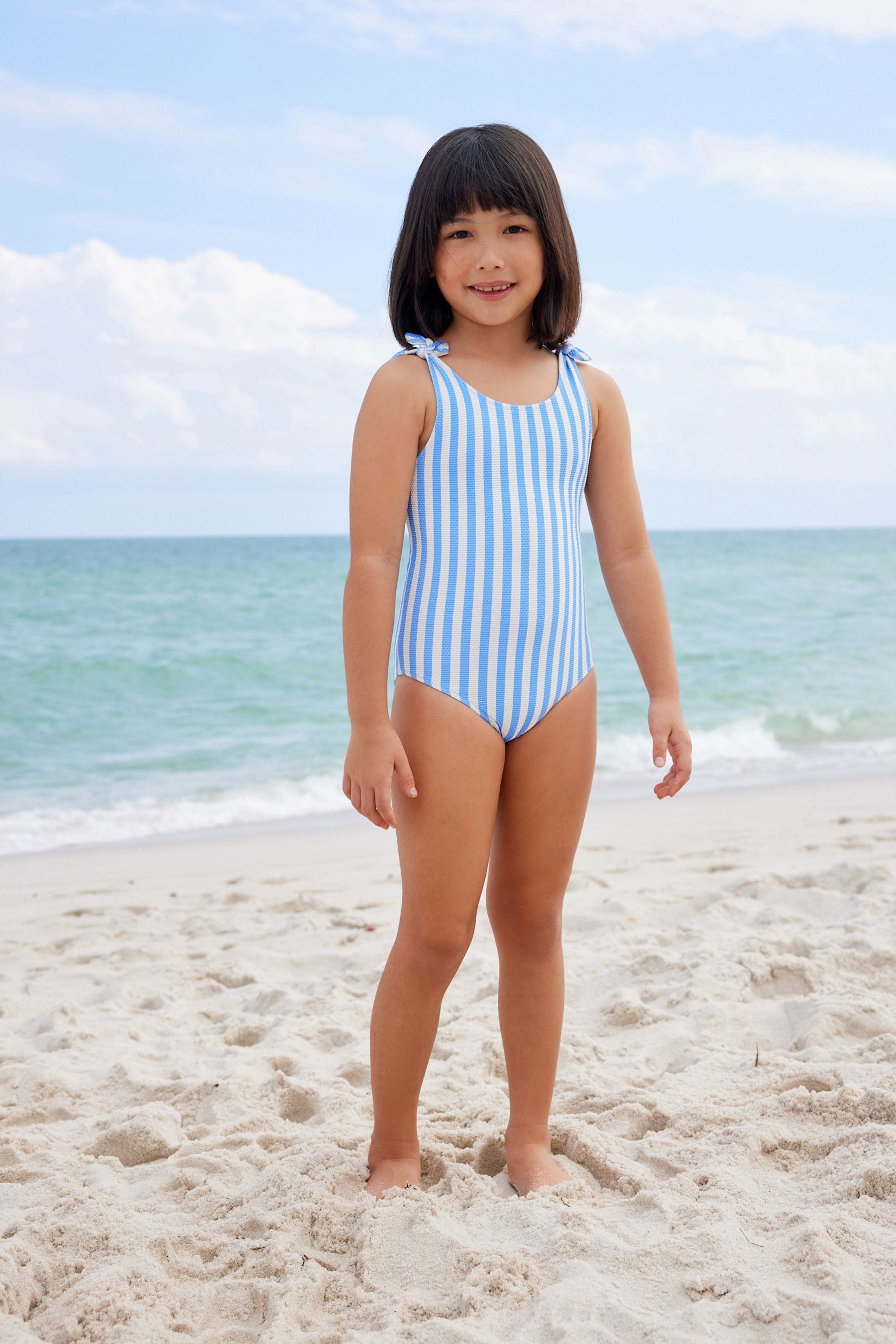 Blue/White Stripe Frill Sleeve Swimsuit (3mths-12yrs)