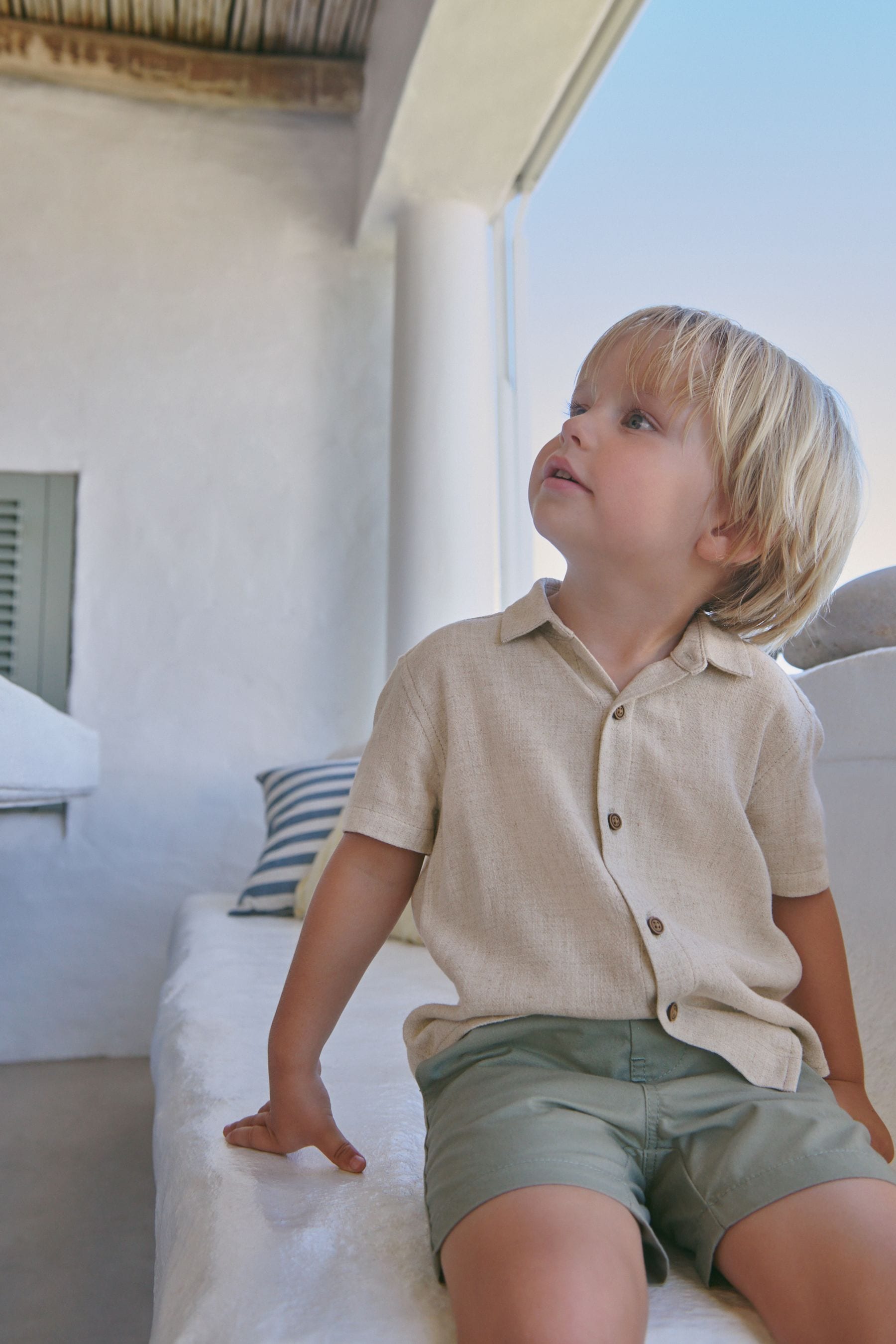 Neutral Short Sleeve Lightweight Linen Blend Shirt (3mths-7yrs)