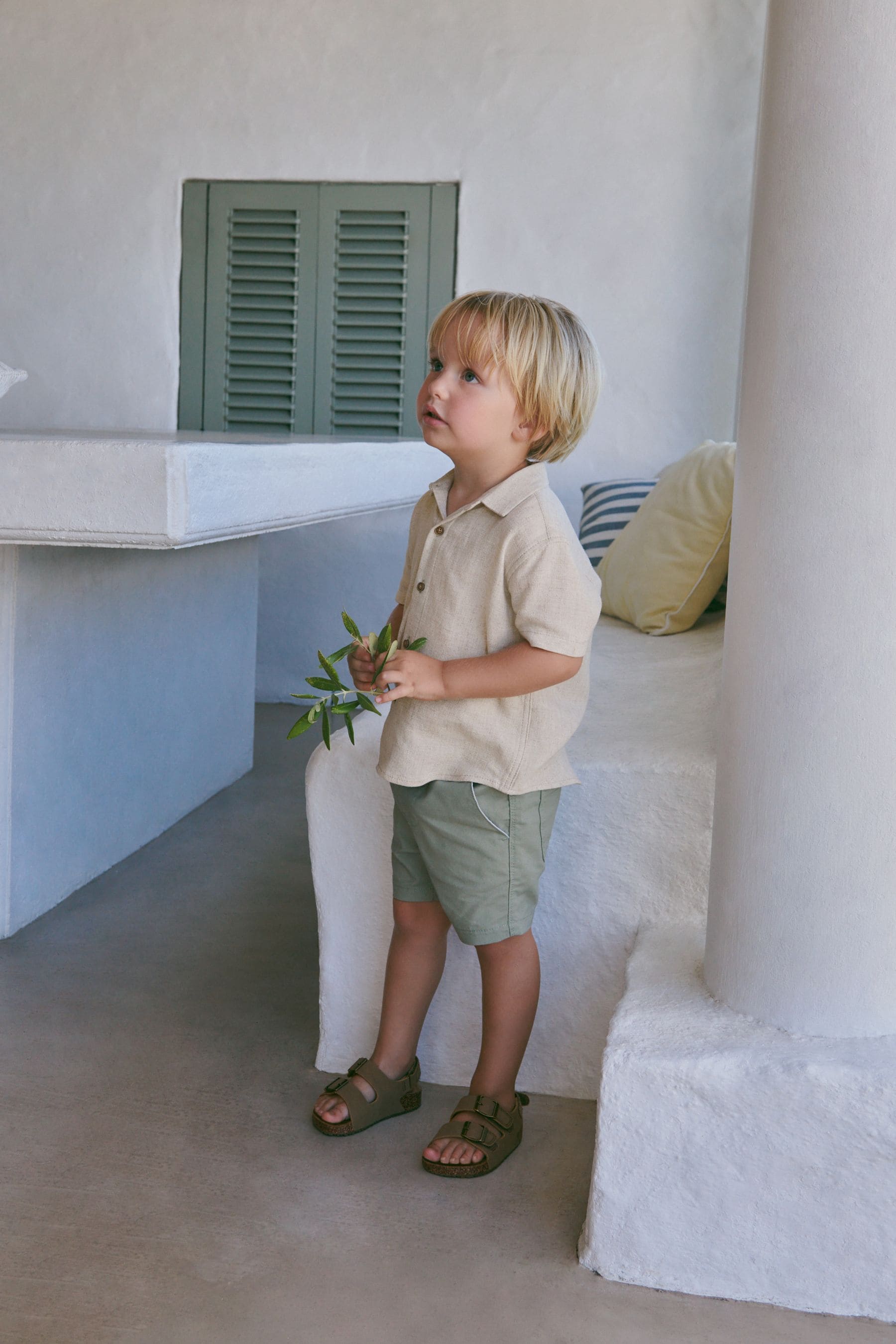 Neutral Short Sleeve Lightweight Linen Blend Shirt (3mths-7yrs)