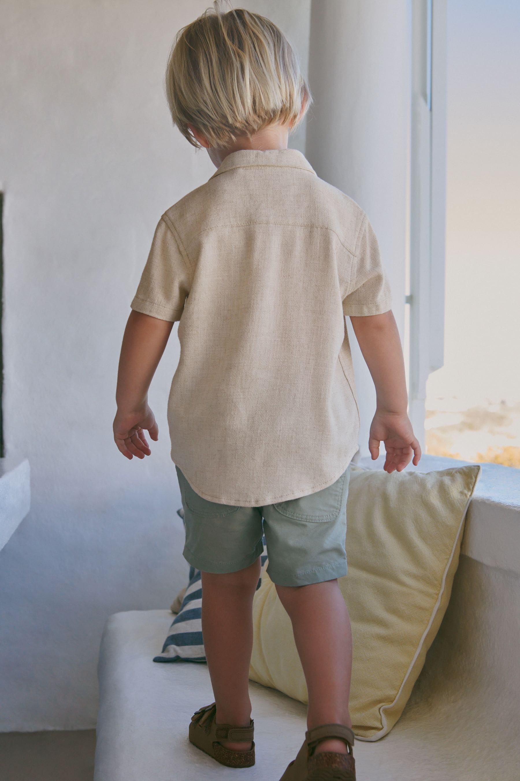 Neutral Short Sleeve Lightweight Linen Blend Shirt (3mths-7yrs)