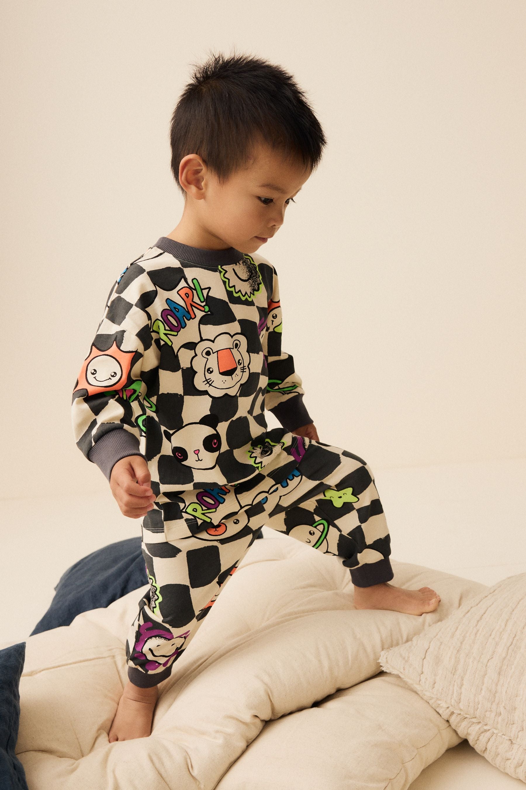 Black/White Character Checkerboard Oversized Single 100% Cotton Pyjamas (9mths-8yrs)