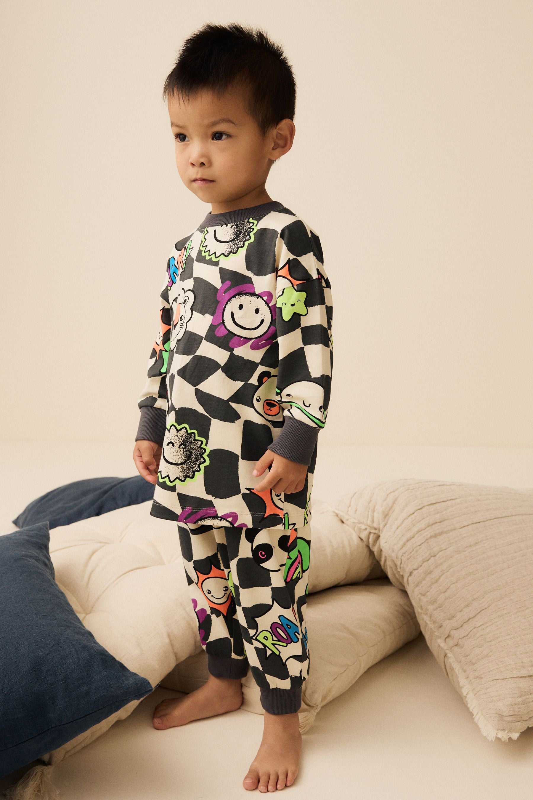 Black/White Character Checkerboard Oversized Single 100% Cotton Pyjamas (9mths-8yrs)