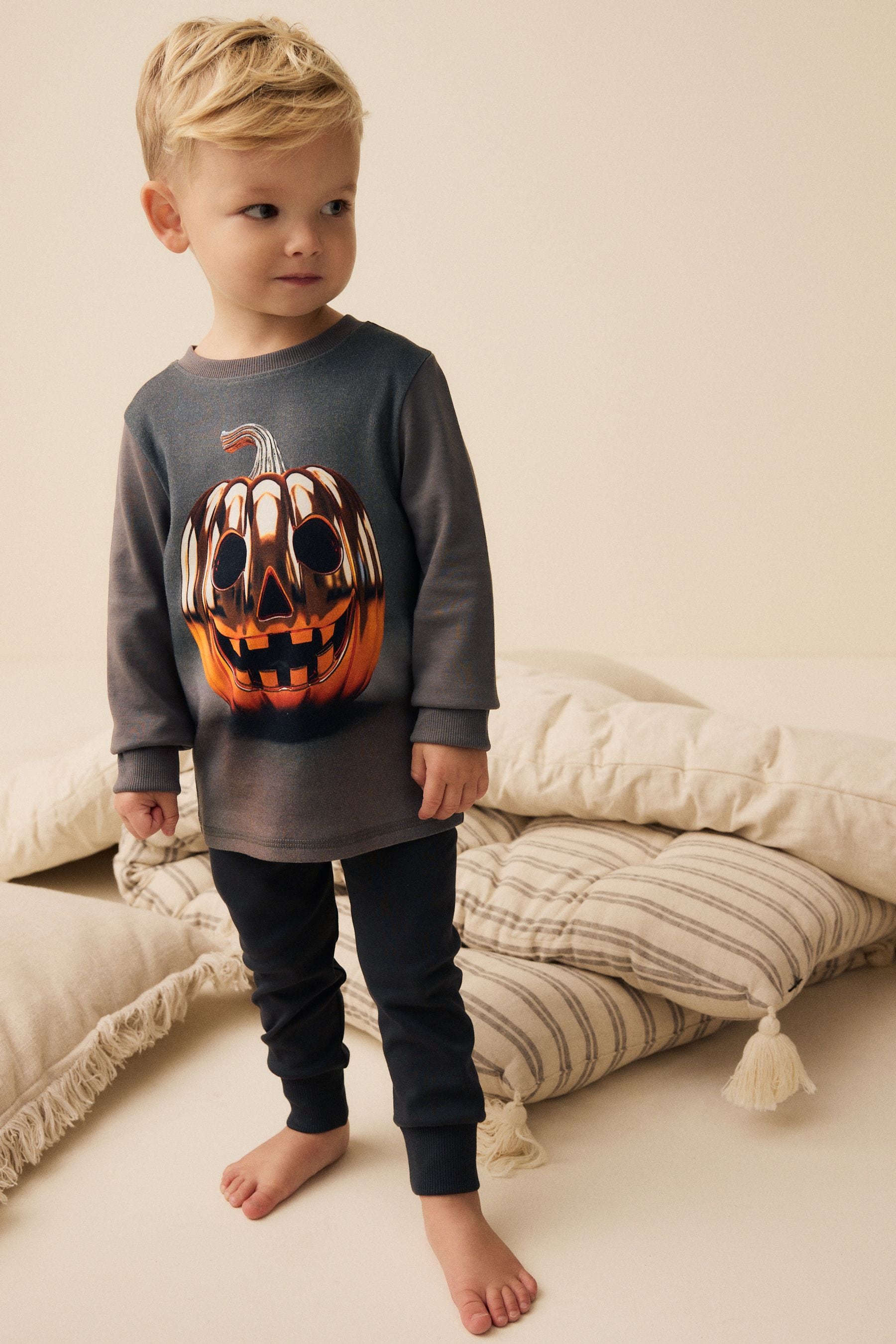 Grey Pumpkin Snuggle 100% Cotton Halloween Pyjamas Set (9mths-10yrs)