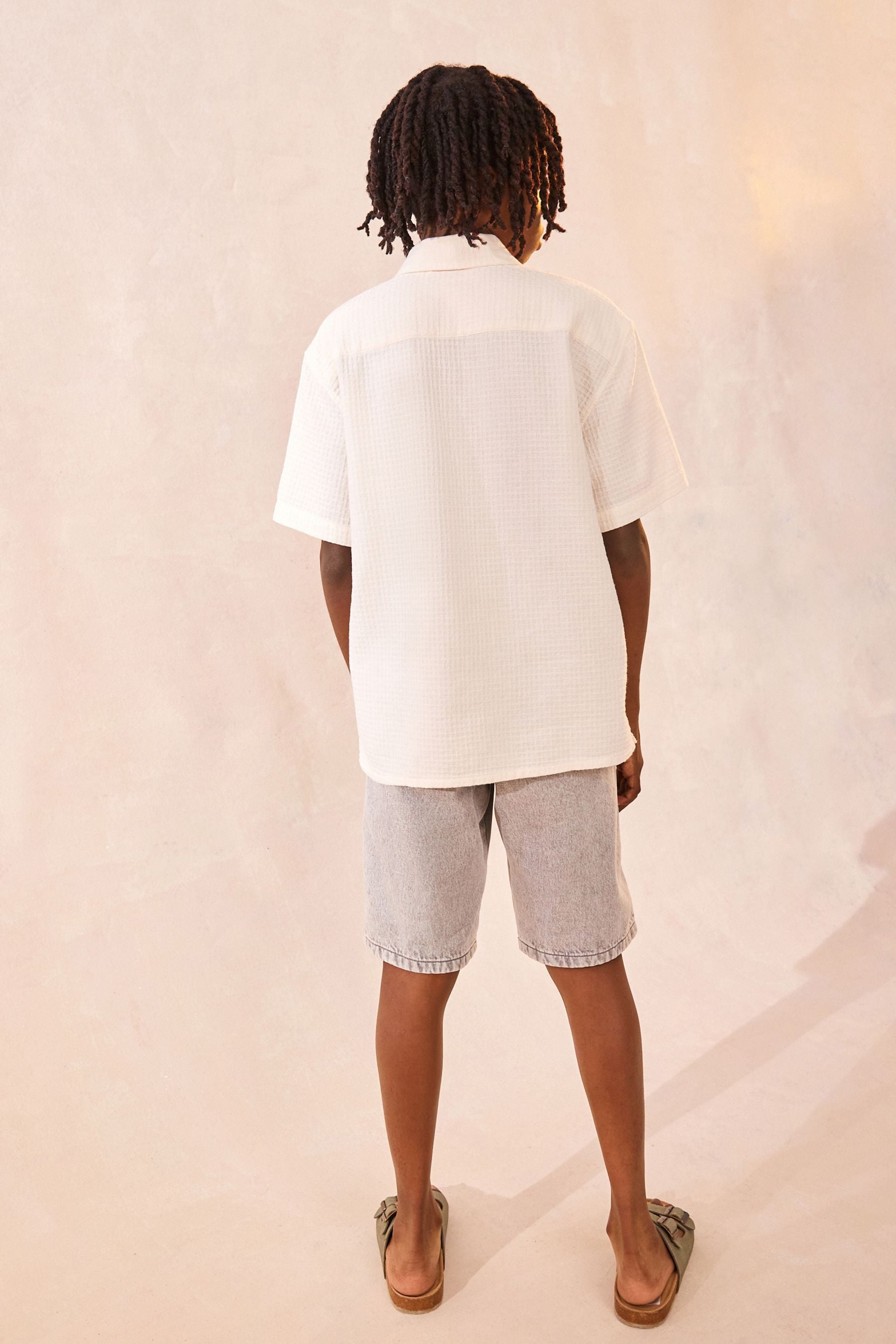 Ecru White 100% Cotton Short Sleeve Textured Shirt (3-16yrs)