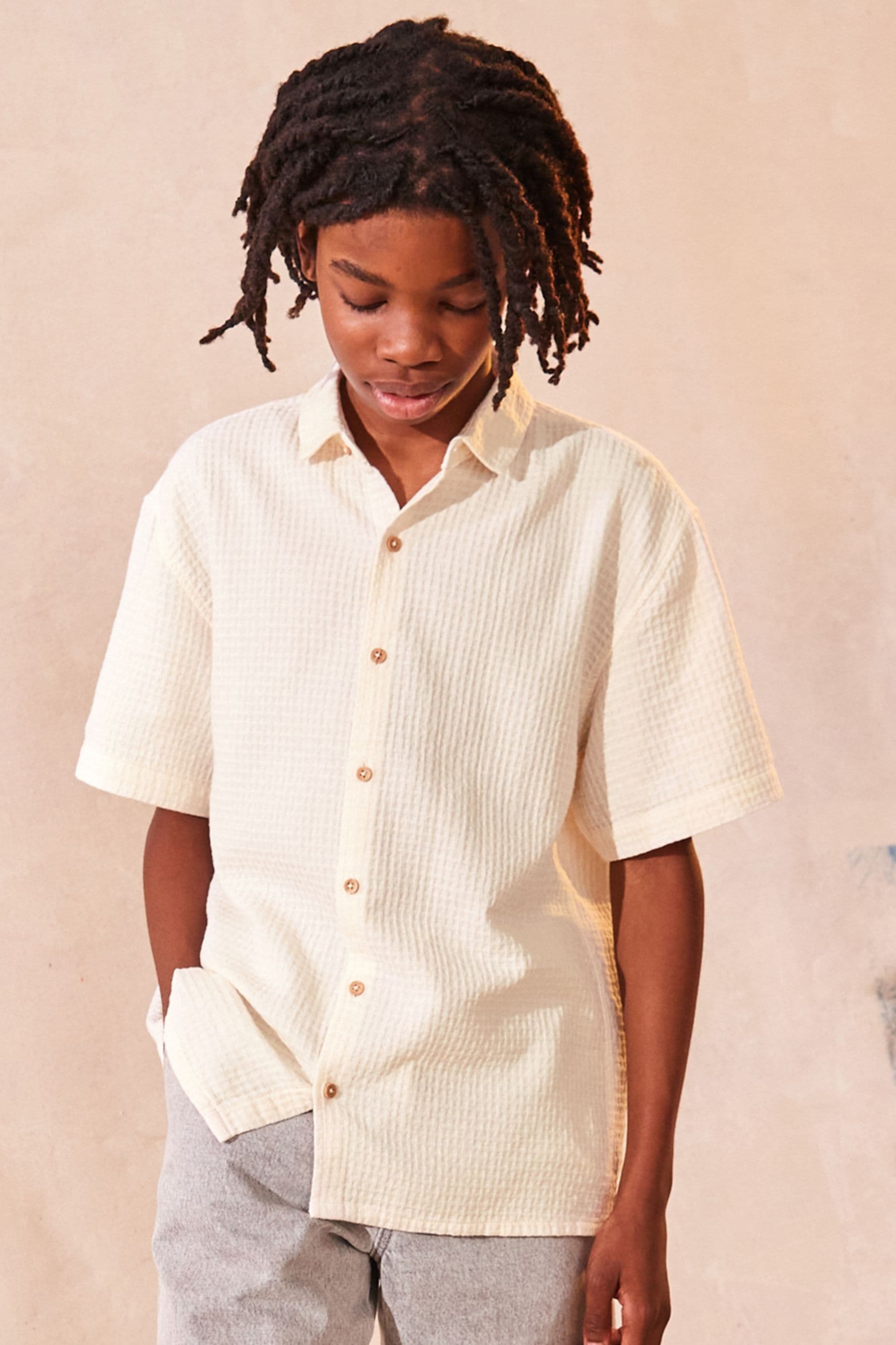 Ecru White 100% Cotton Short Sleeve Textured Shirt (3-16yrs)