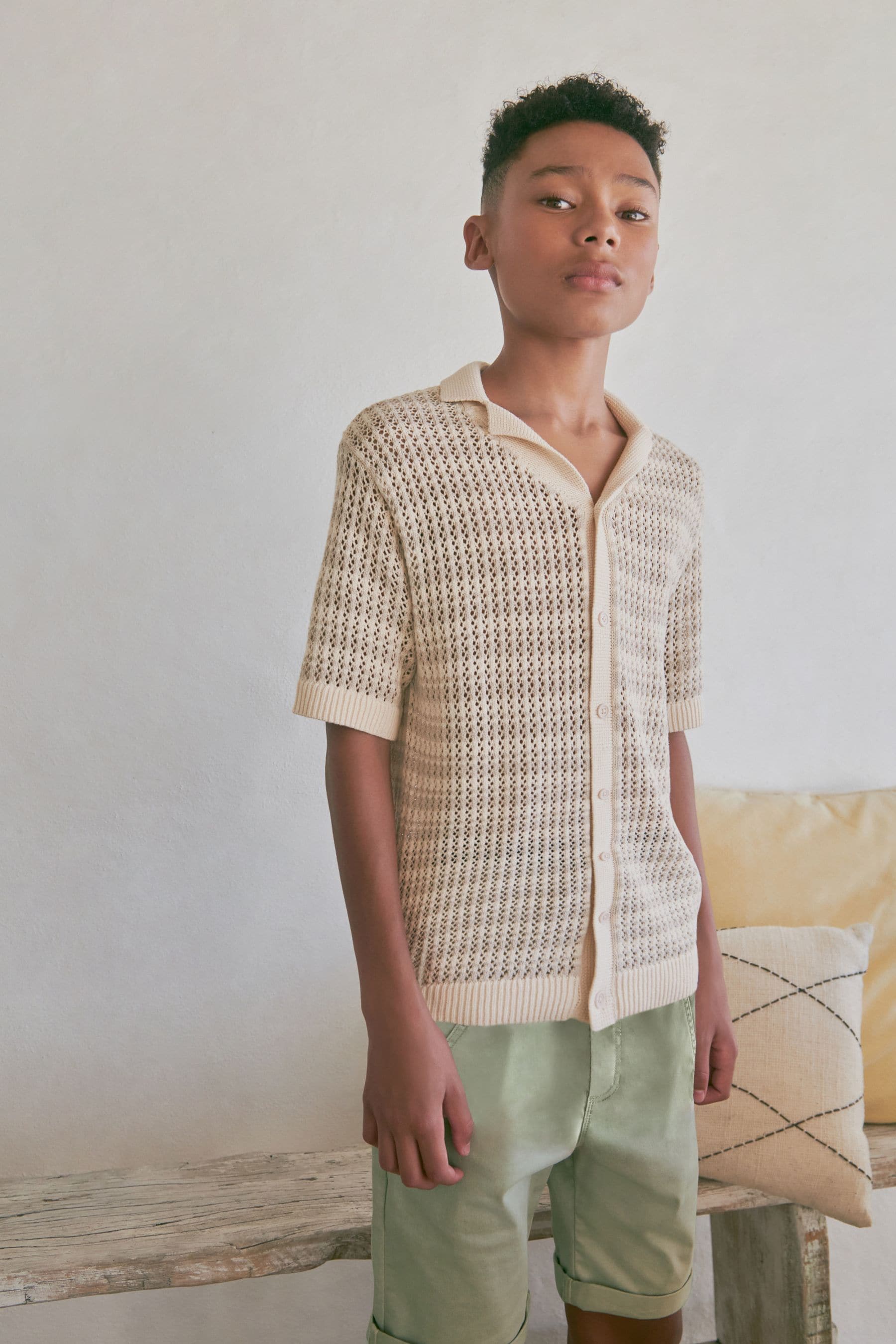 Neutral Crochet Stripe Short Sleeved Polo Shirt (3-16yrs)