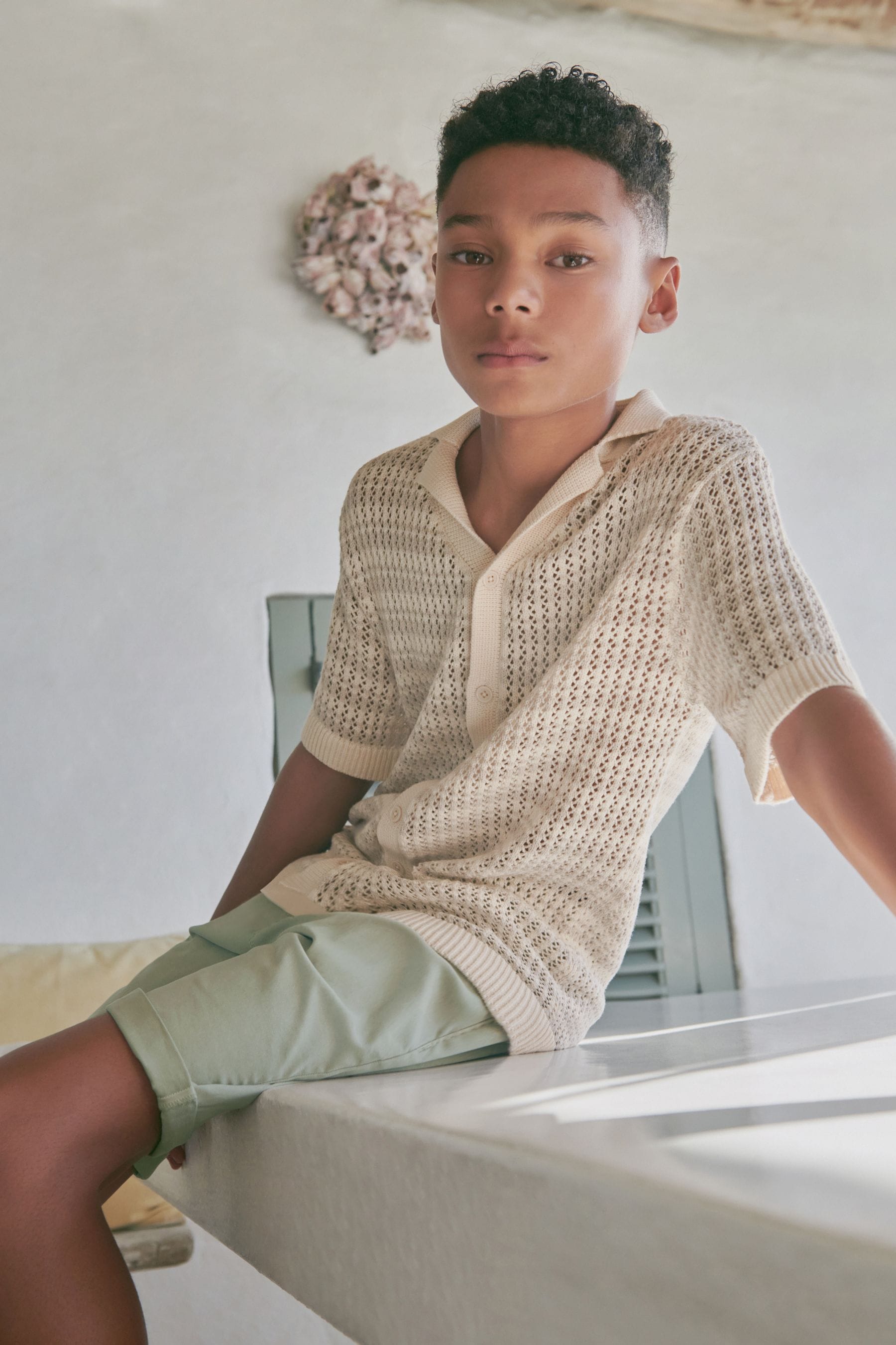 Neutral Crochet Stripe Short Sleeved Polo Shirt (3-16yrs)