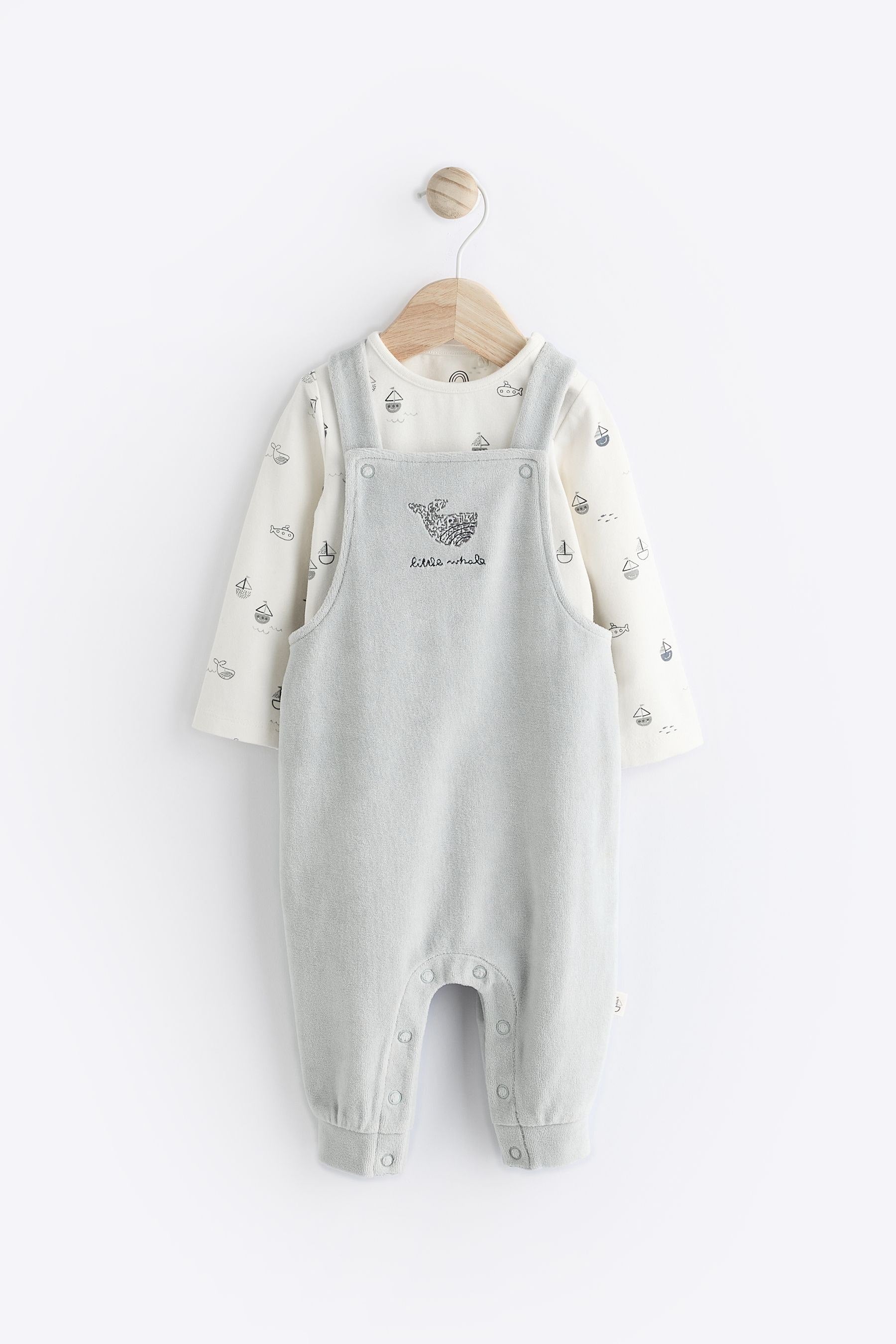 Grey Whale Baby Velour Dungaree and Bodysuit Set (0-18mths)