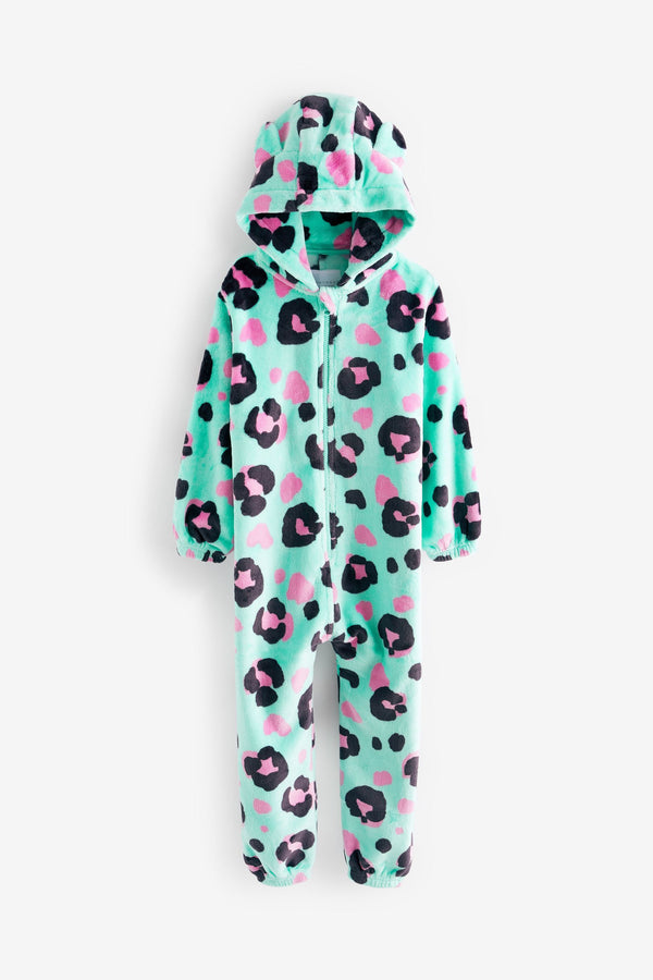 Turquoise Blue Animal Print Fleece All-In-One (3-12yrs)