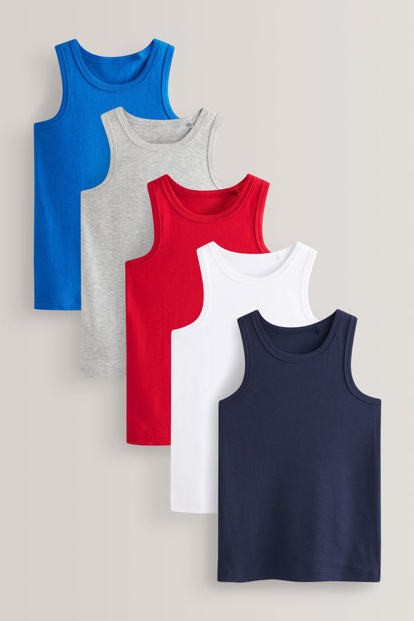 Multi 100% Cotton' to header Vests 5 Pack (1.5-16yrs)