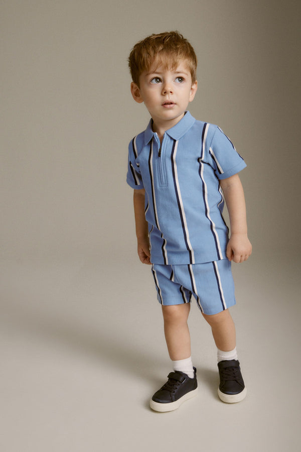 Blue Vertical Stripe Quarter Zip Polo 100% Cotton Shirt and Shorts Set (3mths-7yrs)