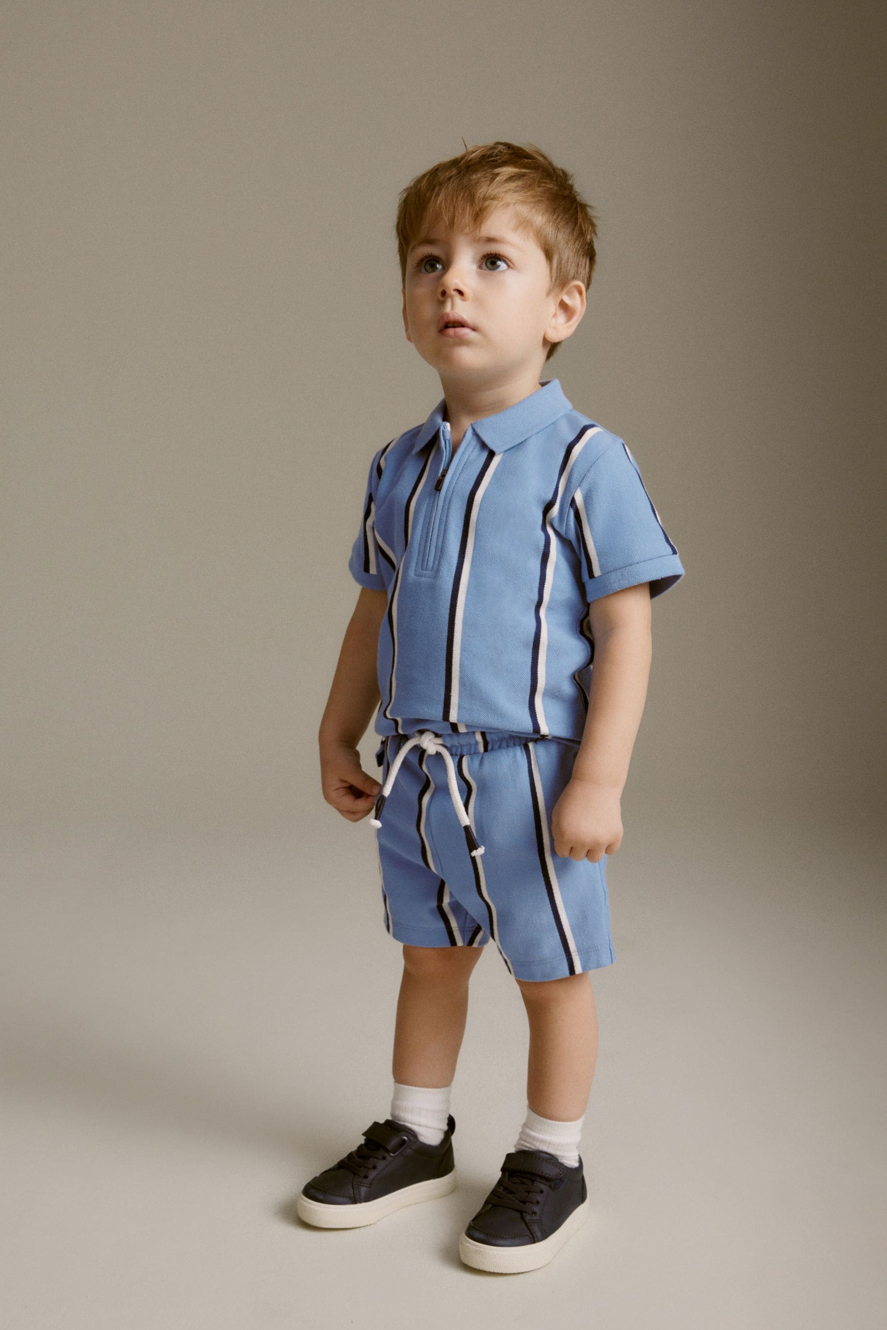 Blue Vertical Stripe Quarter Zip Polo 100% Cotton Shirt and Shorts Set (3mths-7yrs)