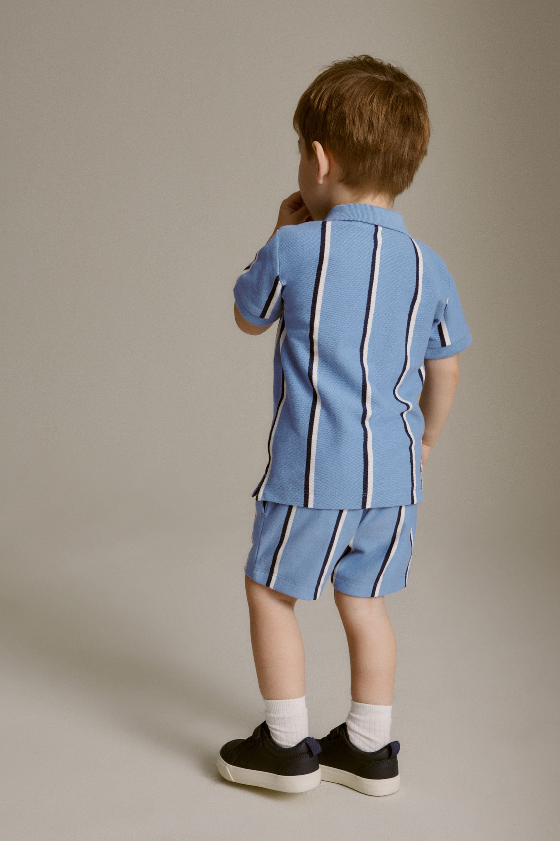 Blue Vertical Stripe Quarter Zip Polo 100% Cotton Shirt and Shorts Set (3mths-7yrs)