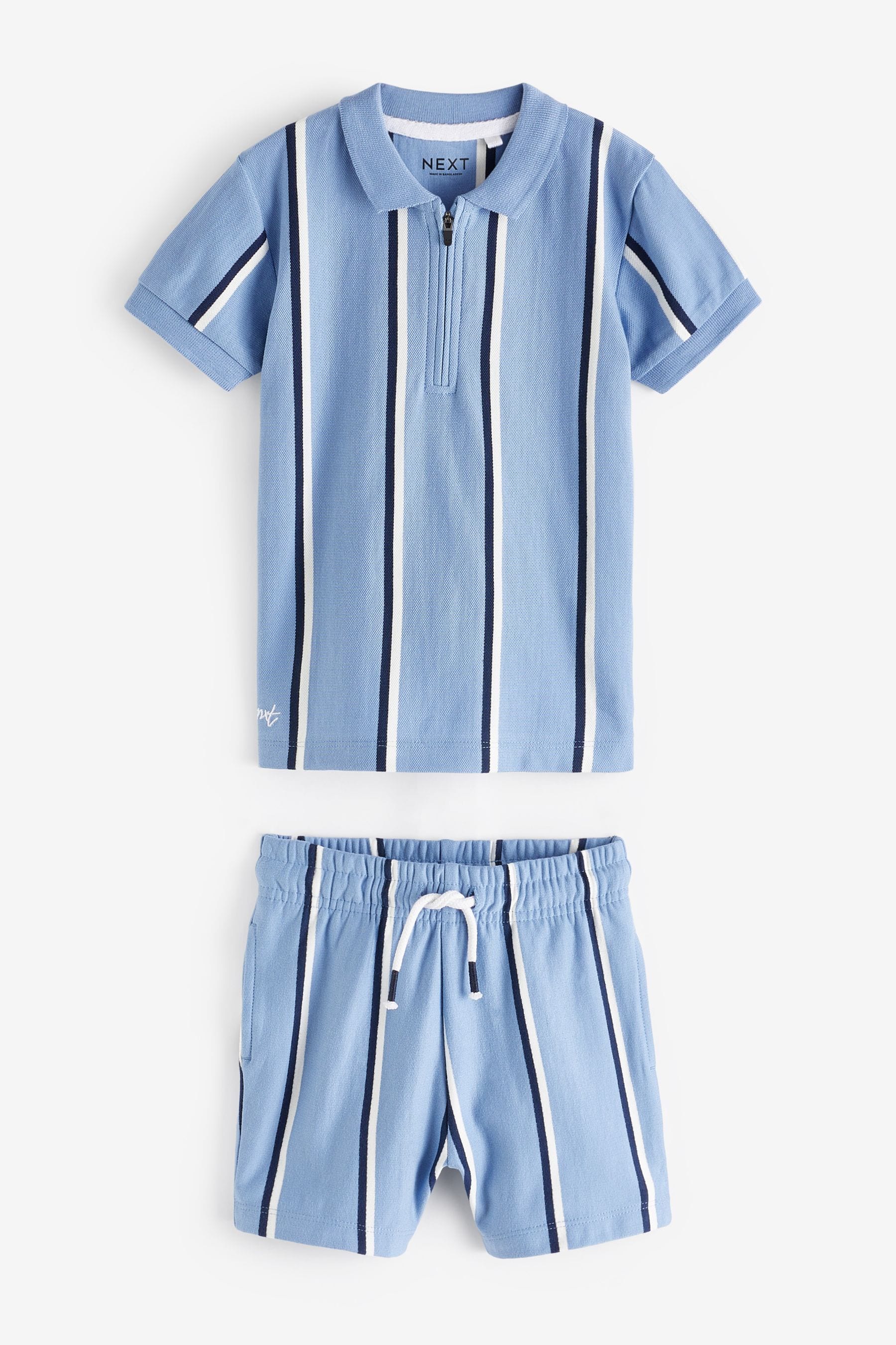 Blue Vertical Stripe Quarter Zip Polo 100% Cotton Shirt and Shorts Set (3mths-7yrs)