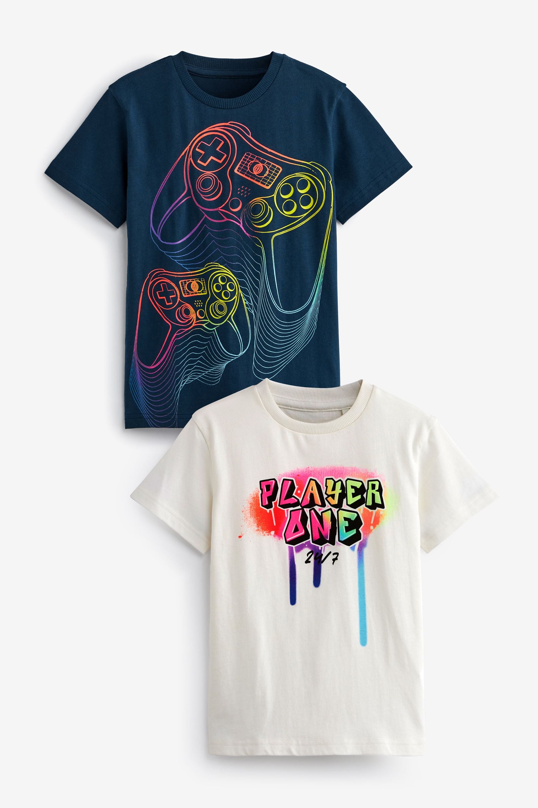 Navy Blue/White Rainbow Gaming Graphic Short Sleeve 100% Cotton T-Shirts 2 Pack (3-16yrs)