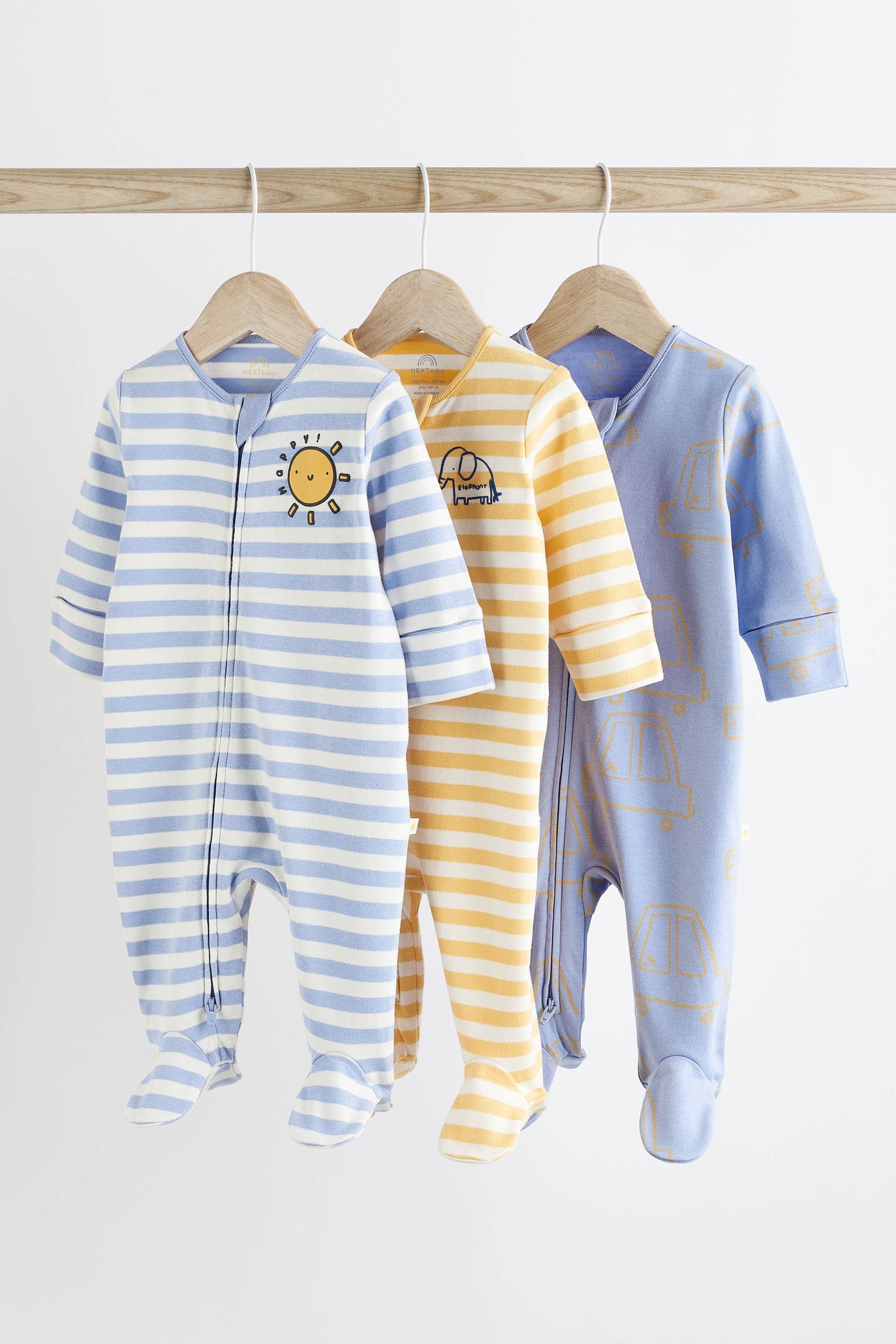 Yellow Baby Zip Sleepsuits 3 Pack (0mths-2yrs)