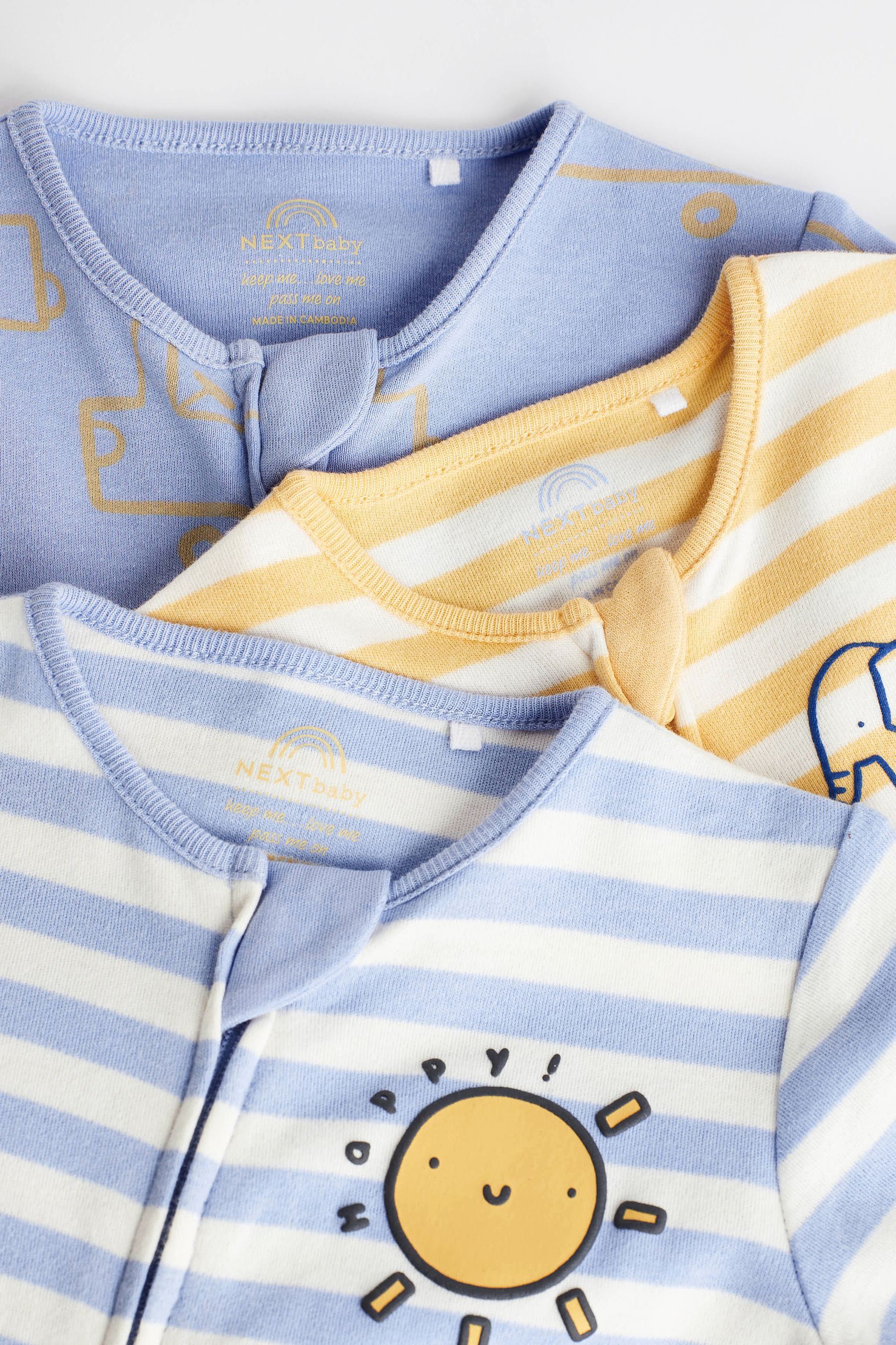 Yellow Baby Zip Sleepsuits 3 Pack (0mths-2yrs)