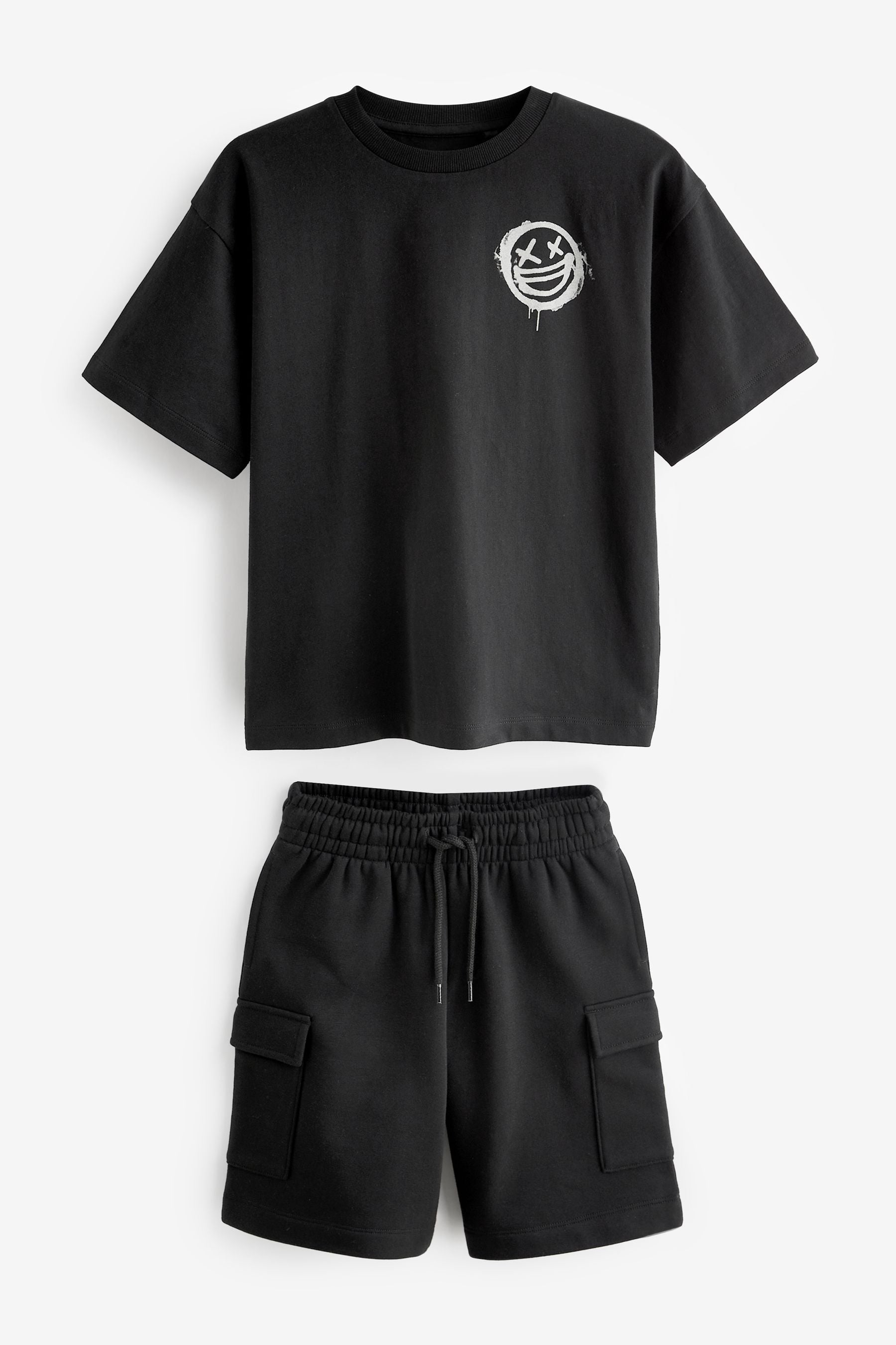 Black Smile Backprint 100% Cotton Short Sleeve T-Shirt and Cargo Shorts Set (3-16yrs)