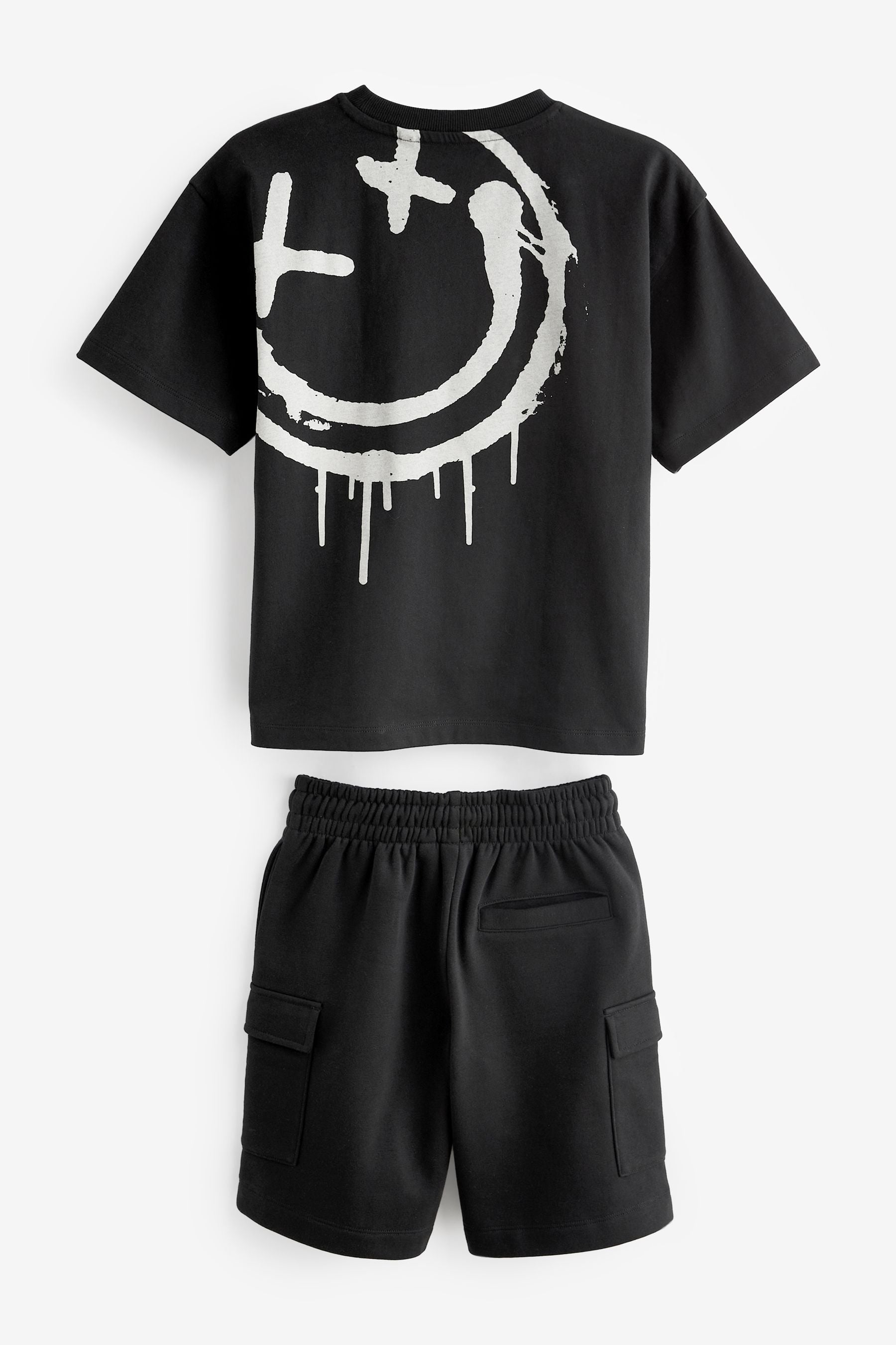 Black Smile Backprint 100% Cotton Short Sleeve T-Shirt and Cargo Shorts Set (3-16yrs)