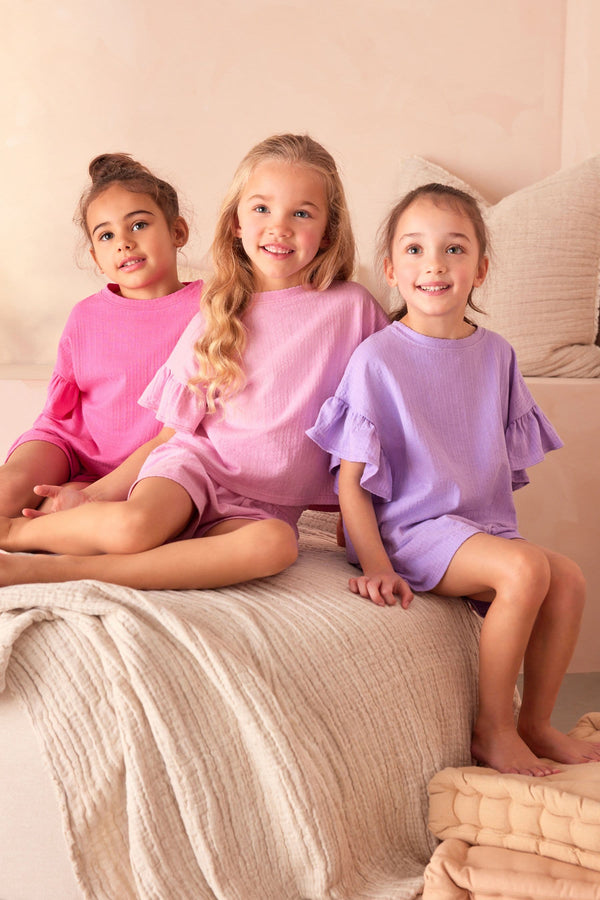 Pink/Purple 100% Cotton Ruffle Short Sleeve Pyjamas 3 Pack (3-16yrs)