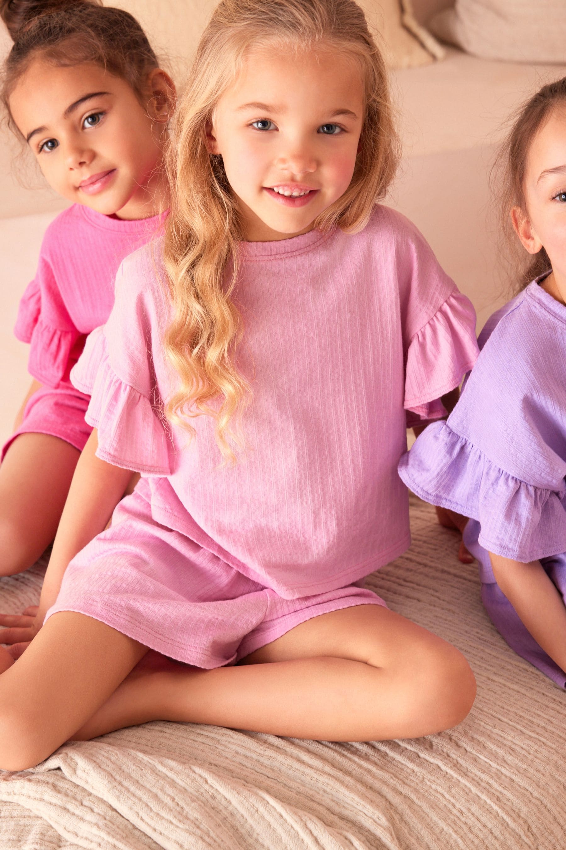 Pink/Purple Ruffle Short Sleeve Pyjamas 3 Pack (9mths-16yrs)