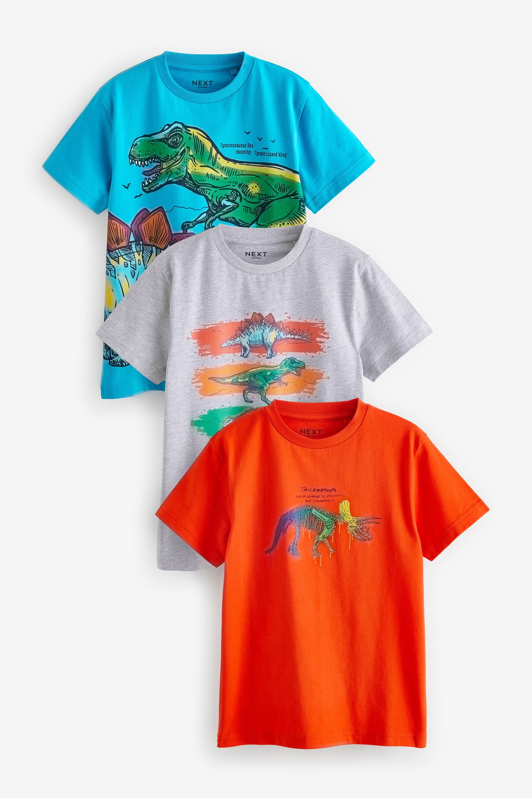 Multi Dino Regular Fit Graphic Short Sleeve 100% Cotton T-Shirts 3 Pack (3-14yrs)