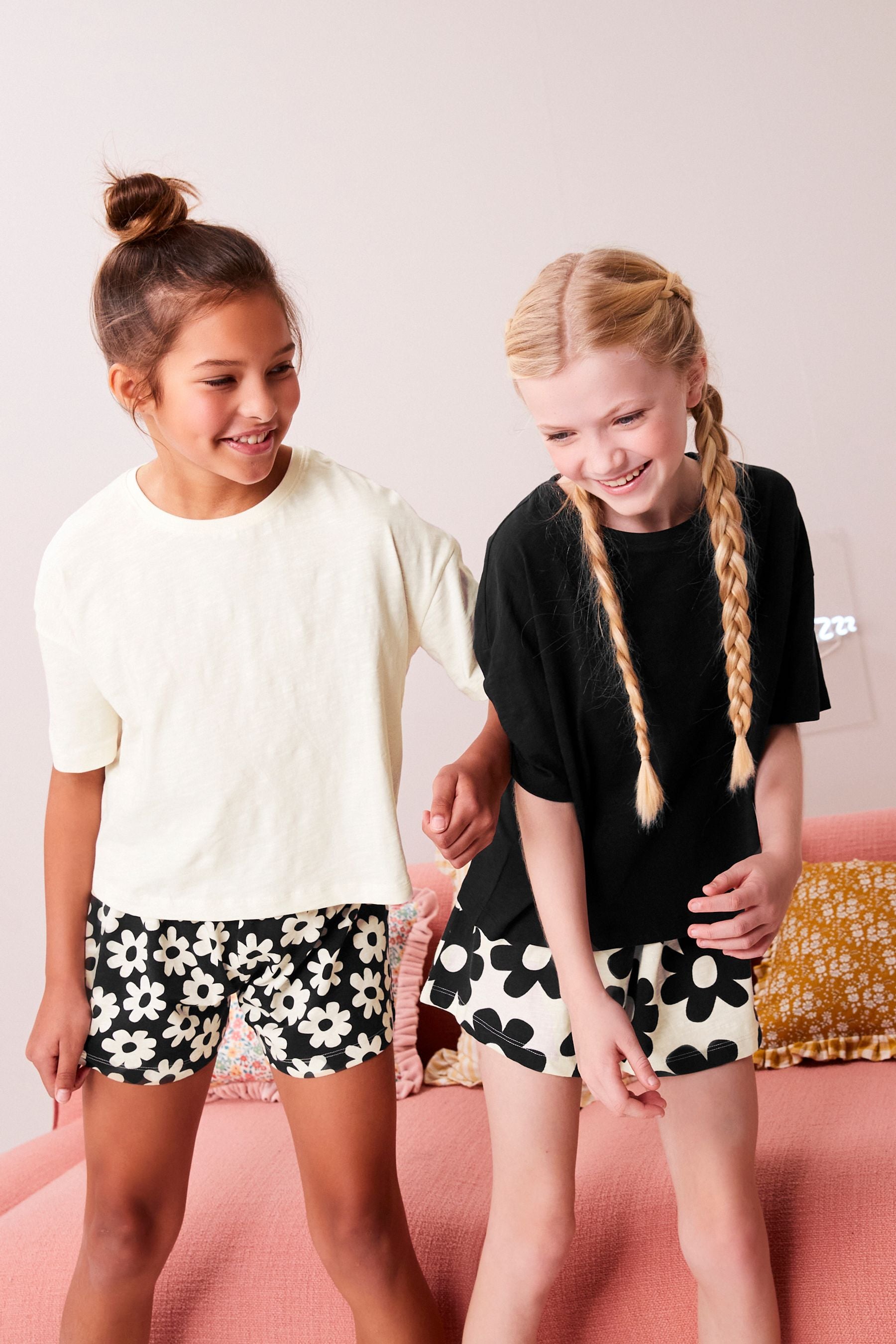 Black/White Floral 100% Cotton Short Pyjamas 2 Pack (3-16yrs)