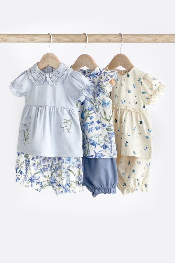 Blue Floral Baby 3 Pack T-Shirts and Shorts Set