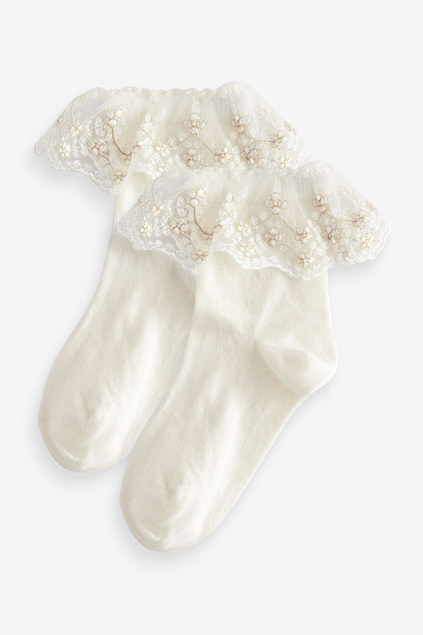 Cream Cotton Rich Bridesmaid Ruffle Ankle Socks 2 Pack