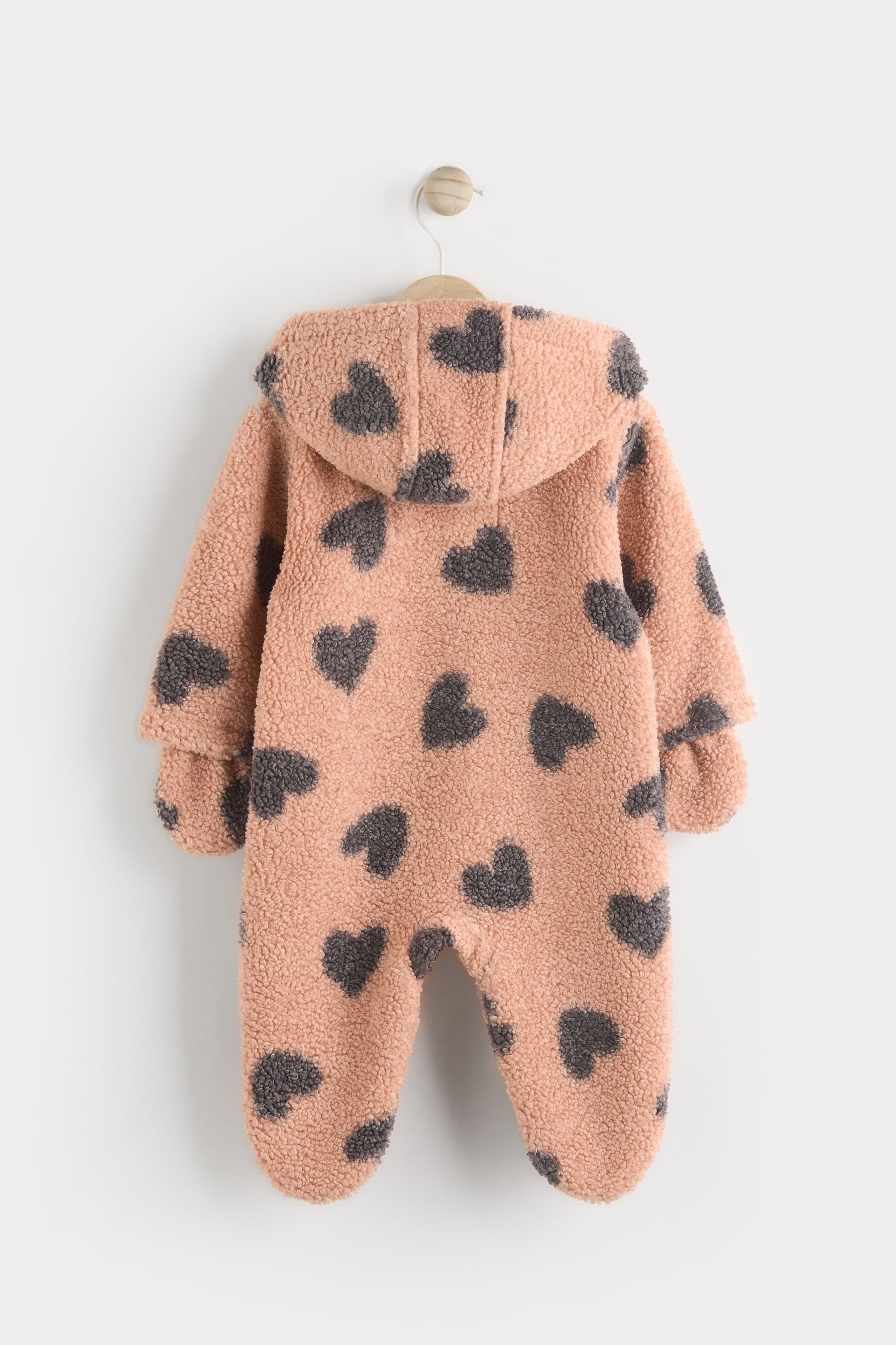 Tan Brown Heart Print Baby Borg All-In-One Pramsuit (0mths-2yrs)