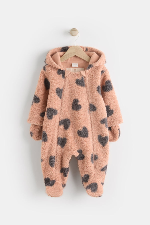 Tan Brown Heart Print Baby Borg Fleece All-In-One Pramsuit (0mths-2yrs)