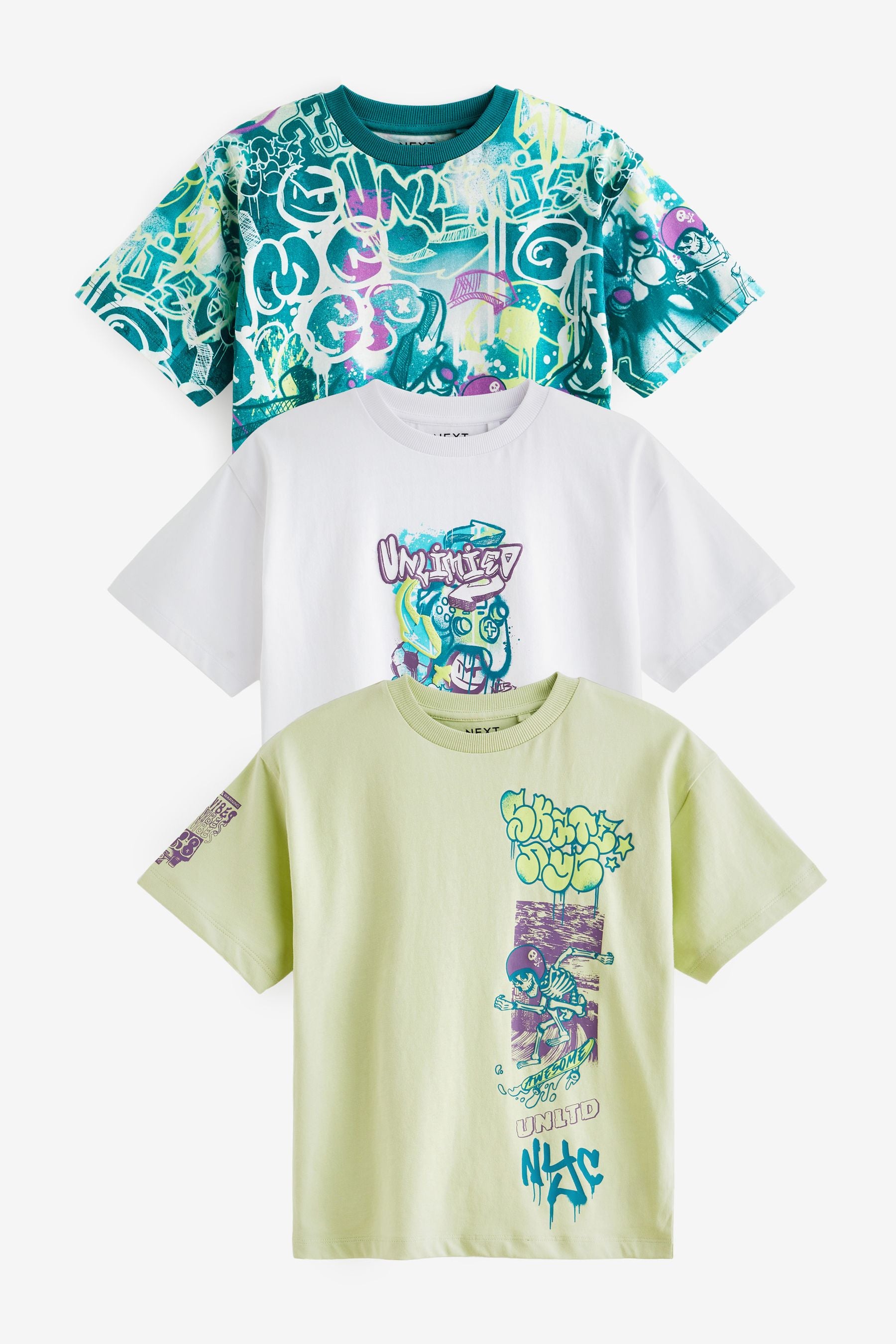 Lime Green/White Graffiti Relaxed Fit Graphic 100% Cotton Short Sleeve T-Shirts 3 Pack (3-16yrs)